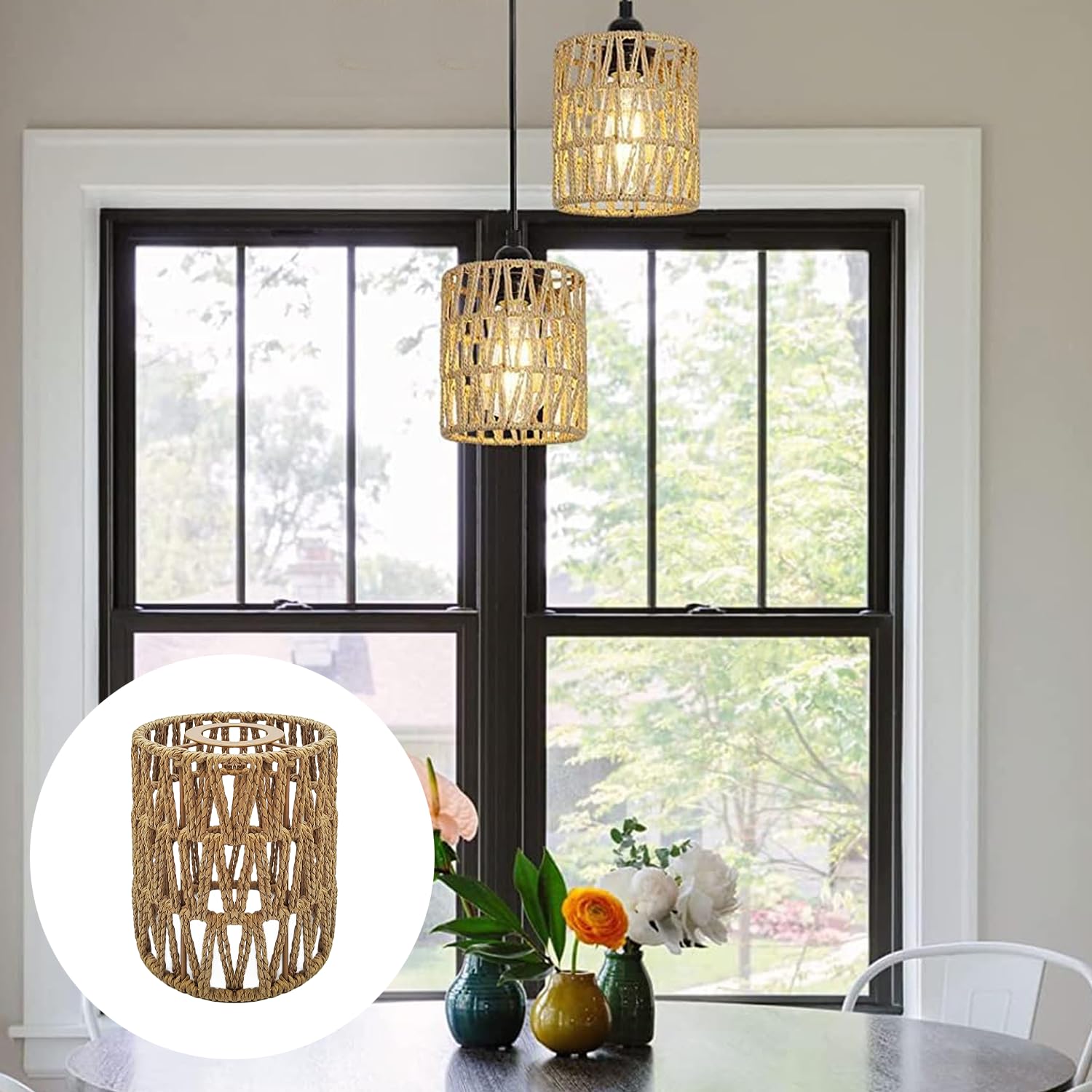Paralume a sospensione effetto rattan, 2 pezzi, stile boho retrò, copertura per lampade a sospensione, accessori per sala da pranzo, soggiorno in beige
