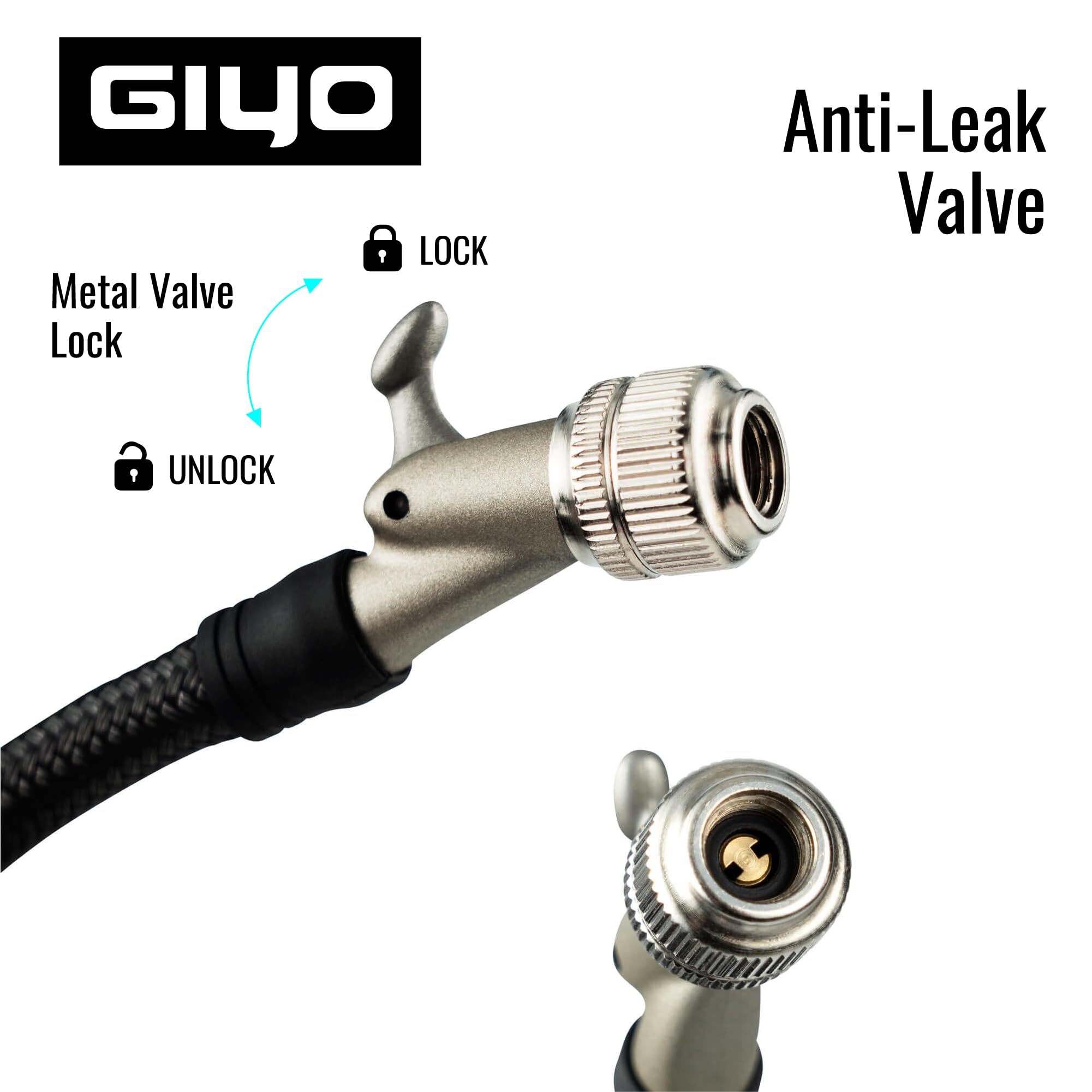 GIYO Pompe numérique à choc 600 PSI – Assistance turbo pour un gonflage facile, purgeur d'air micro, barillet en aluminium robuste, poignée confortable et tuyau tressé, idéal pour la fourche et la