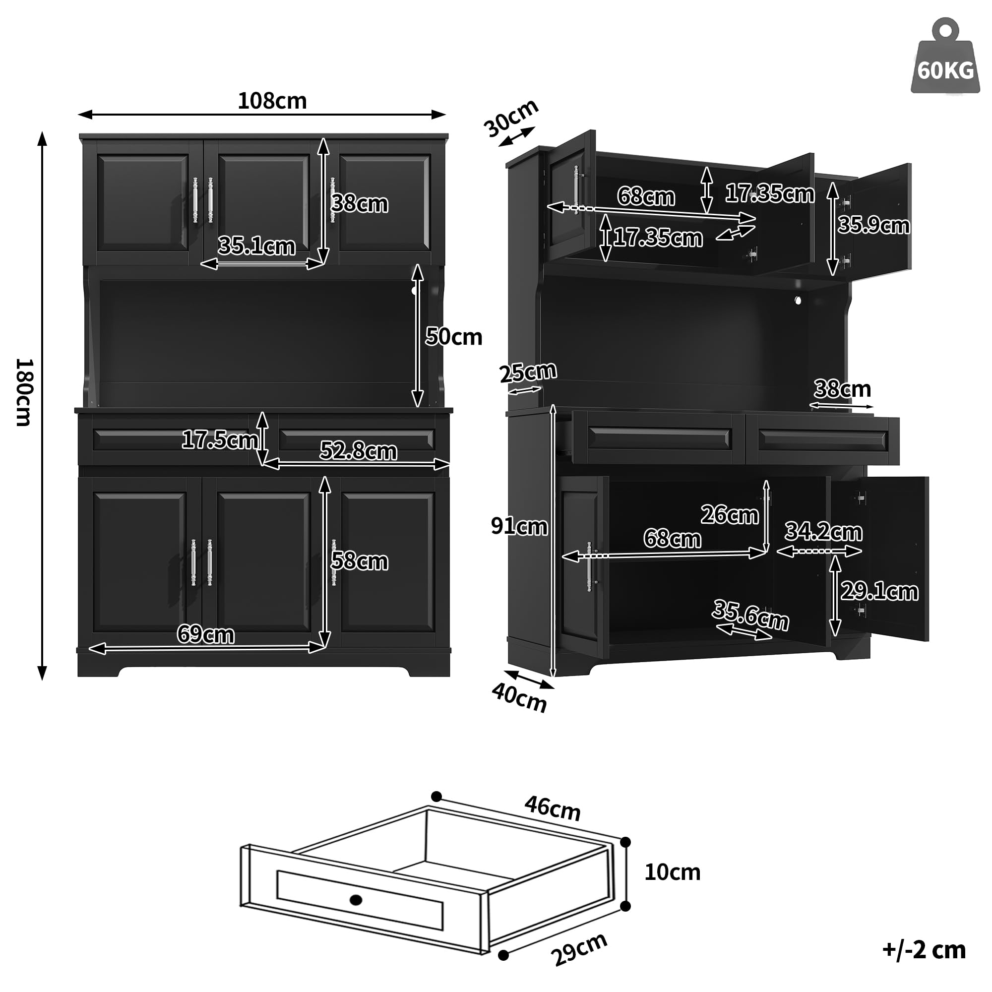 Küchenschrank mit LED-Beleuchtung und USB-Ladeanschluss, Hochschrank mit Verstellbare Einlegeböden und Aufbewahrungsschrank, Küchenschränke mit Schublade, Schwarz-A, 108x40x180 cm