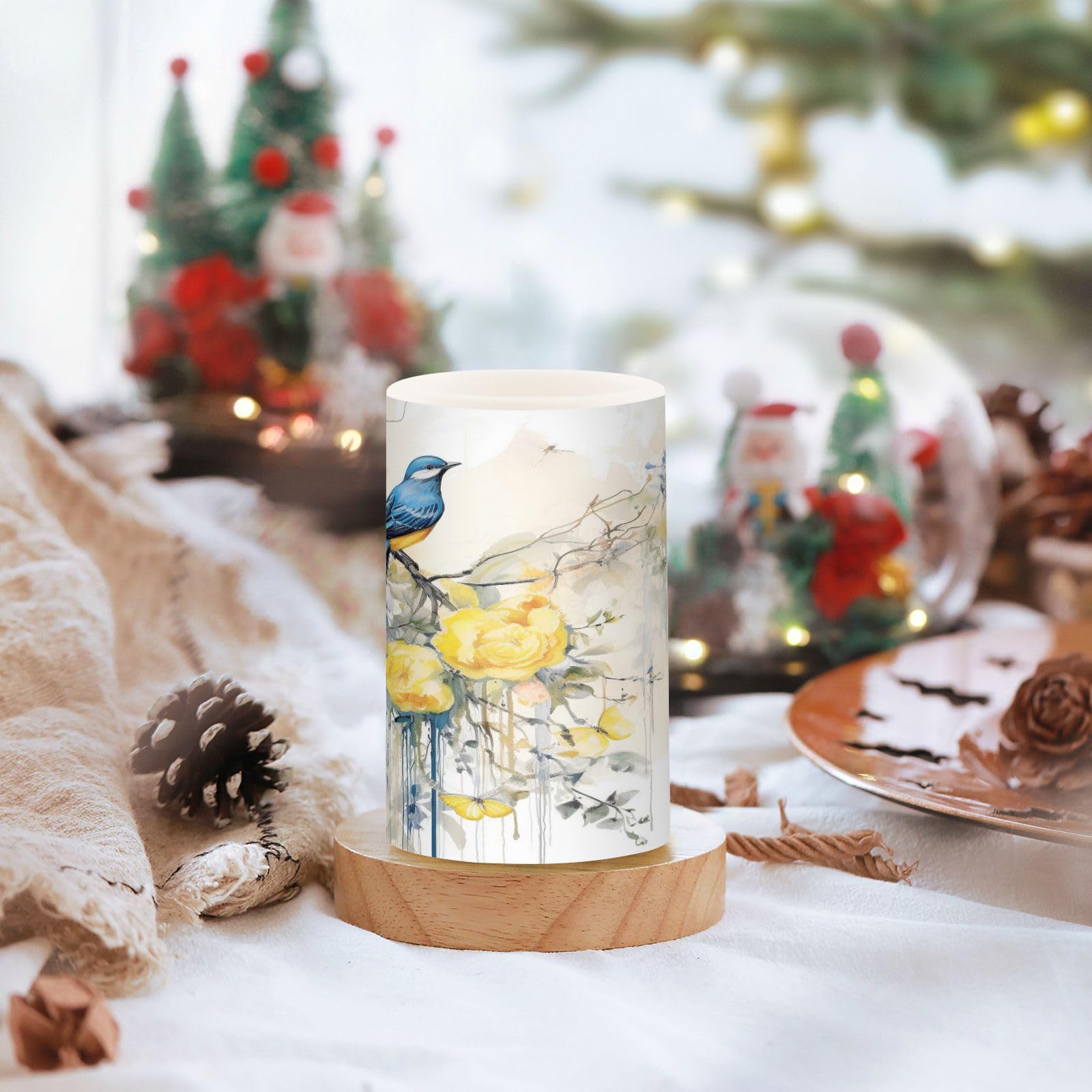 Set di 2 candele votive a pilastro a LED, a forma di uccellino blu primaverile con fiori gialli, senza fiamma, funzionamento a batteria, con timer remoto, per interni ed esterni