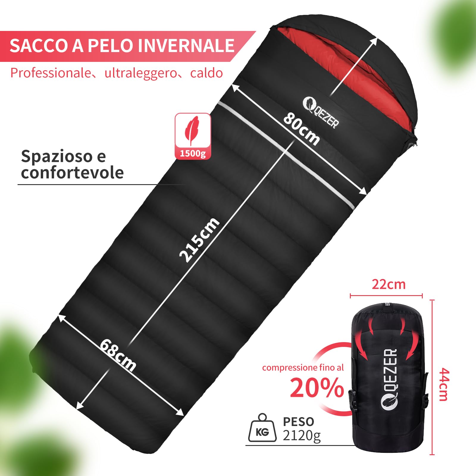 Sacco a pelo in piuma d'oca da 12 gradi, più leggero e caldo sacco a pelo invernale per campeggio, zaino in spalla ed escursionismo con piumino d'anatra da 600 FP 1200 g