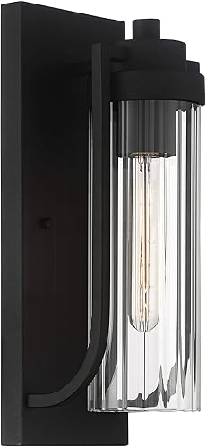 Miniatura 5 de Possini Euro Design Bogata - Moderna lámpara de pared para exteriores, acero negro texturizado, 15 1/2 pulgadas, cristal cilíndrico acanalado