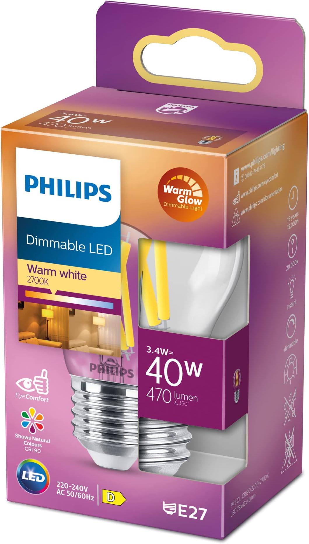 PhilipsLED – Classic LED Candle and Brightness, P45 E27, Dimmable Warm White Light, 40 W