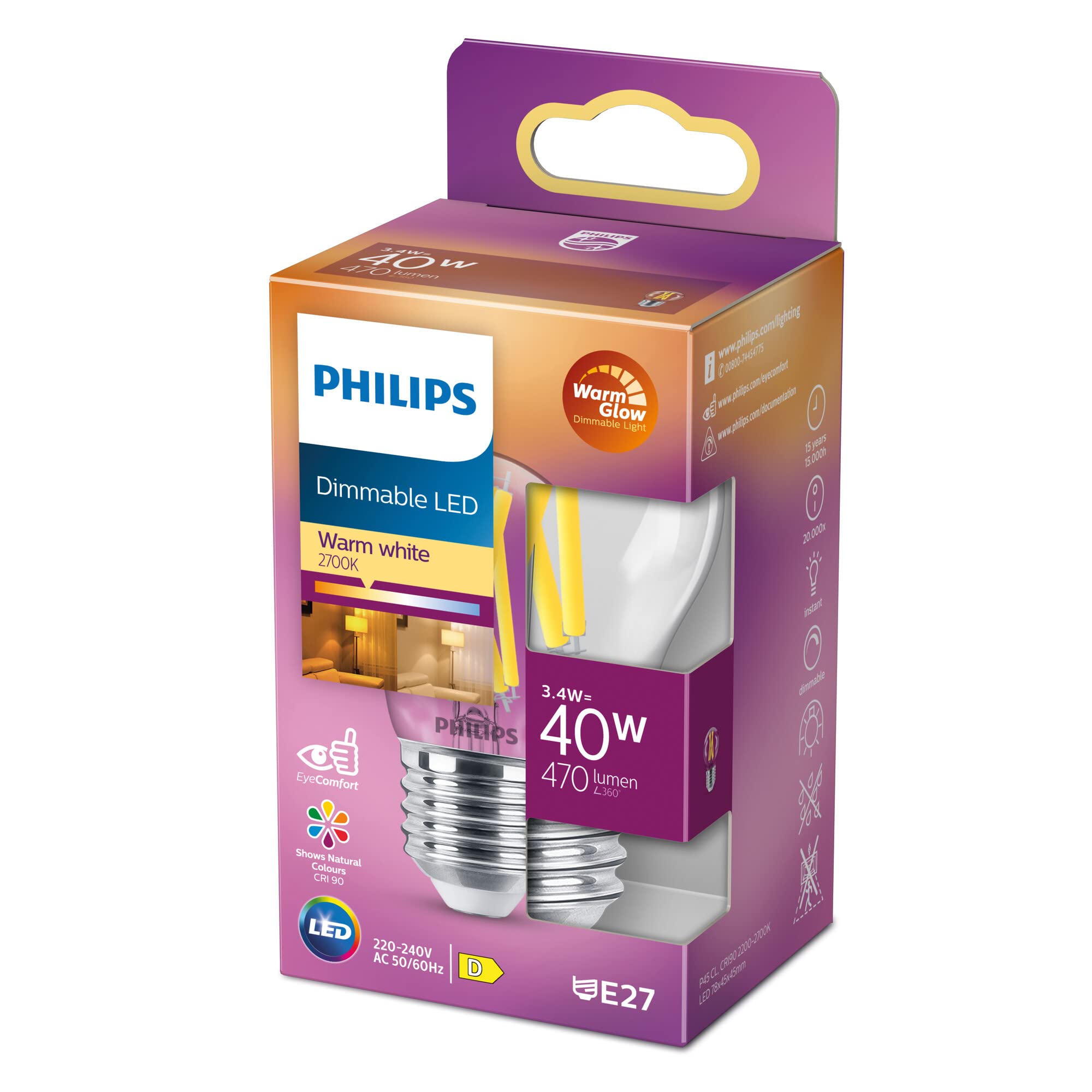 PhilipsLED – Classic LED Candle and Brightness, P45 E27, Dimmable Warm White Light, 40 W