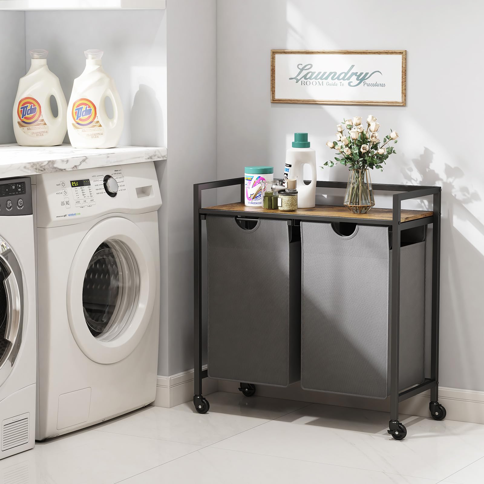Lifewit Cesto para la Colada con Ruedas, Cestos de Ropa Extraíbles, Balda Superior Grande y Bolsas Extraíbles con Asas, Clasificador de Ropa para Lavadero, Baño, 2 Compartimentos, 95 L, Gris