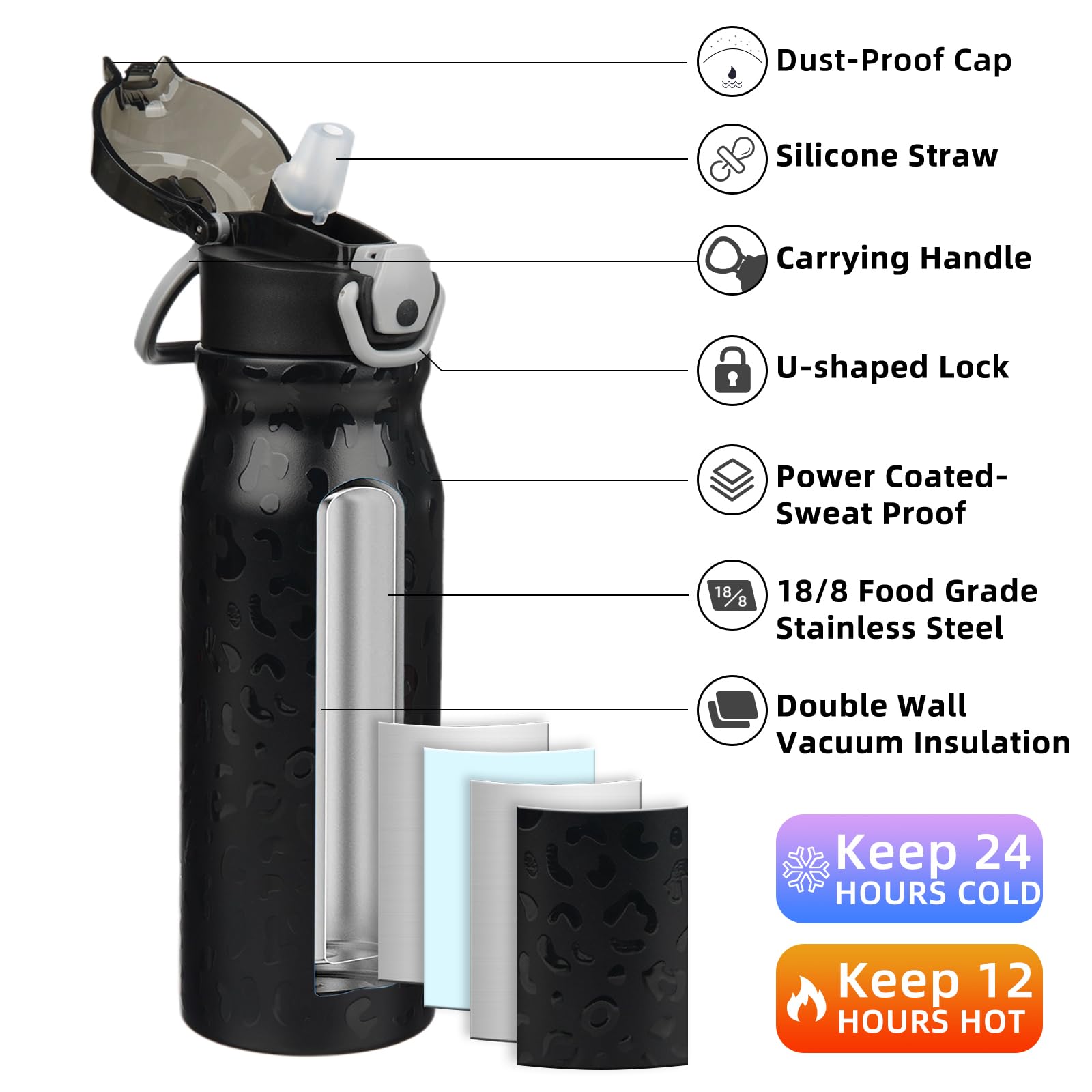 BJPKPK Botella de Agua Aislada 25oz (750 ml) con Pajita, de Acero Inoxidable, Pared Doble, Libre de BPA, Impermeable, Termo con Tapa Abatible Bloqueable y Pitorro de Silicona Suave, Leopardo Negro