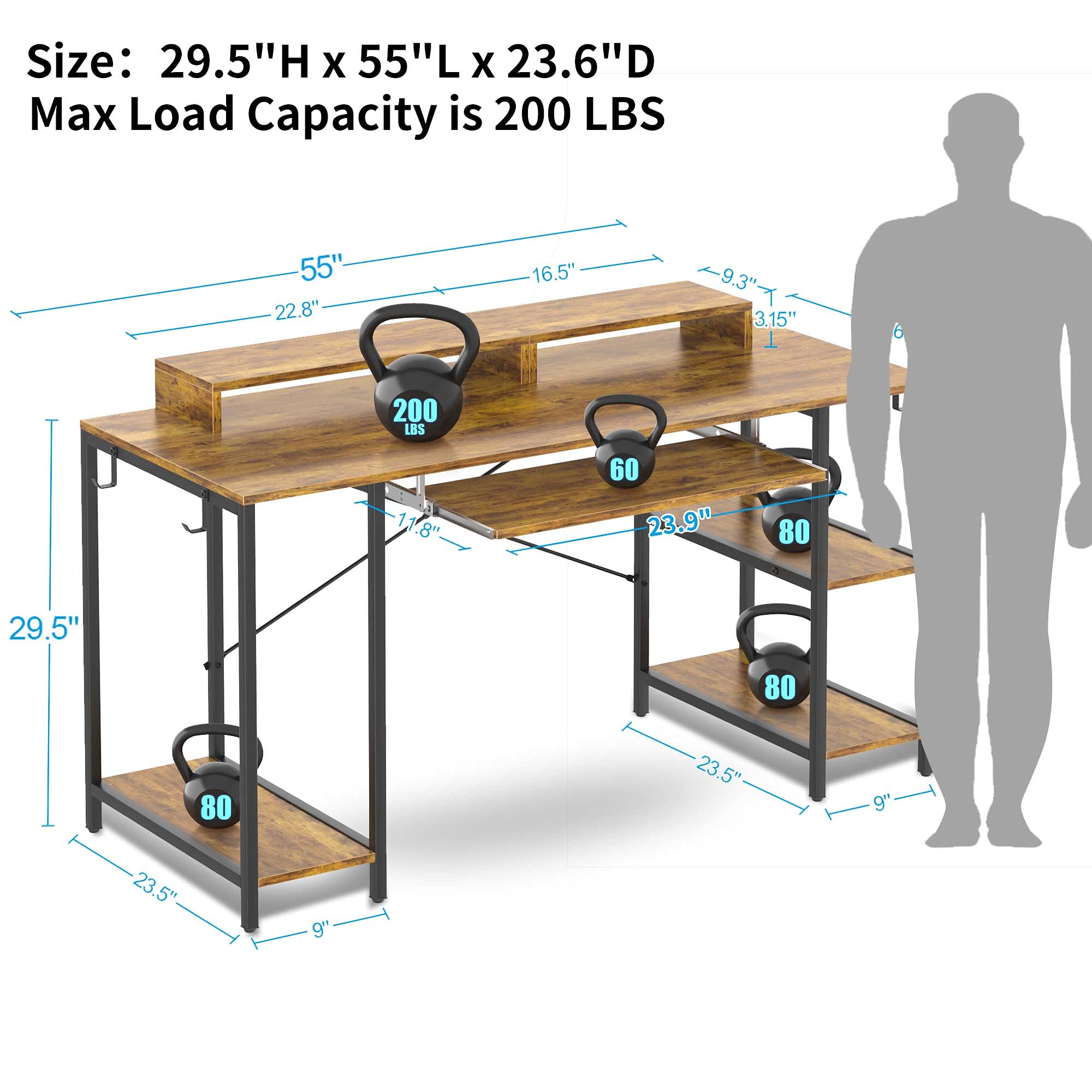 Computer Desk with Keyboard Tray, 55inch Study Writing Desk Gaming