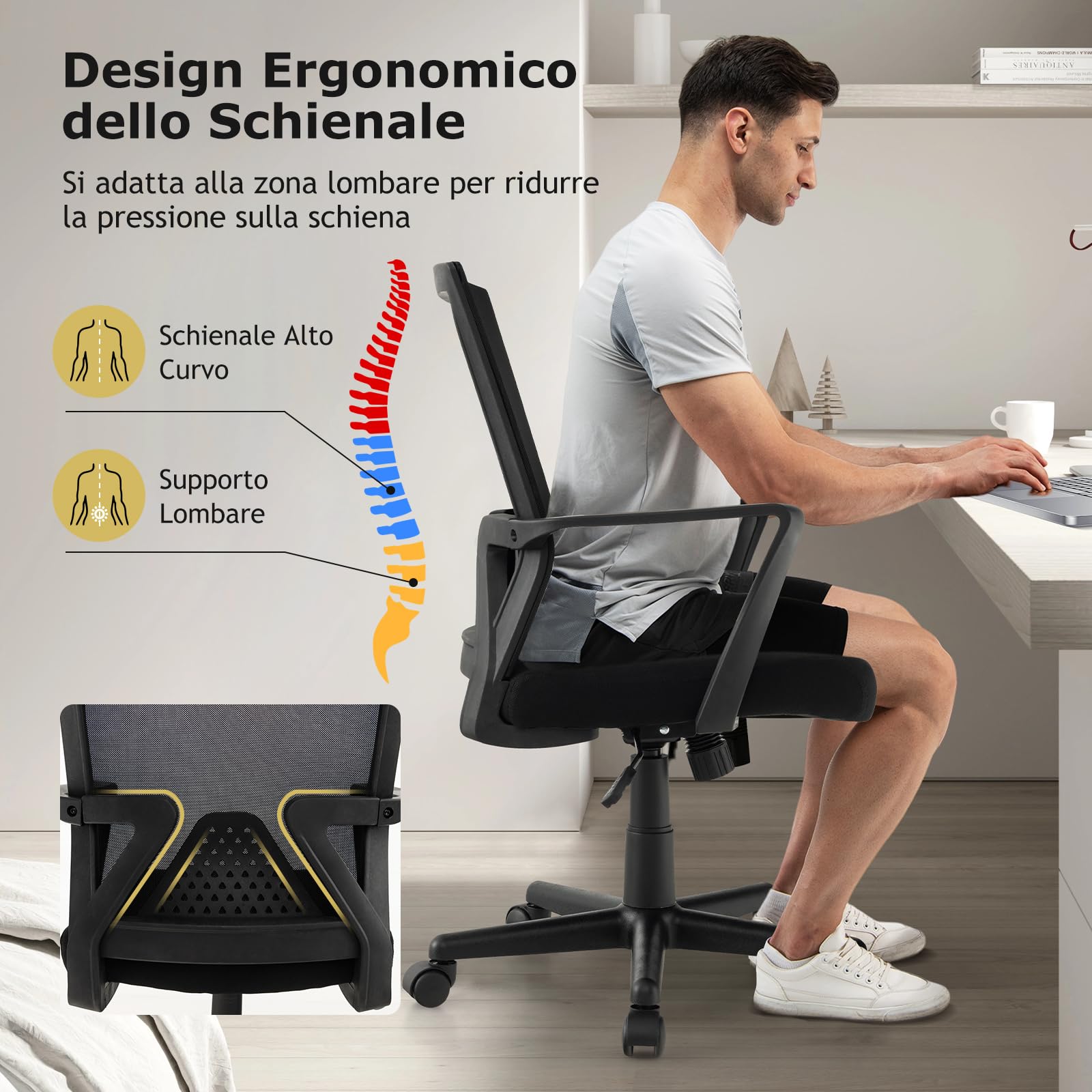 GYMAX Sedia da Ufficio Ergonomica Girevole a 360°, Sedie in Rete con Seduta Regolabile in Altezza (43-53cm) & Schienale Inclinabile (90-110°), Sedia da Scrivania per Studio, Lavoro & Relax
