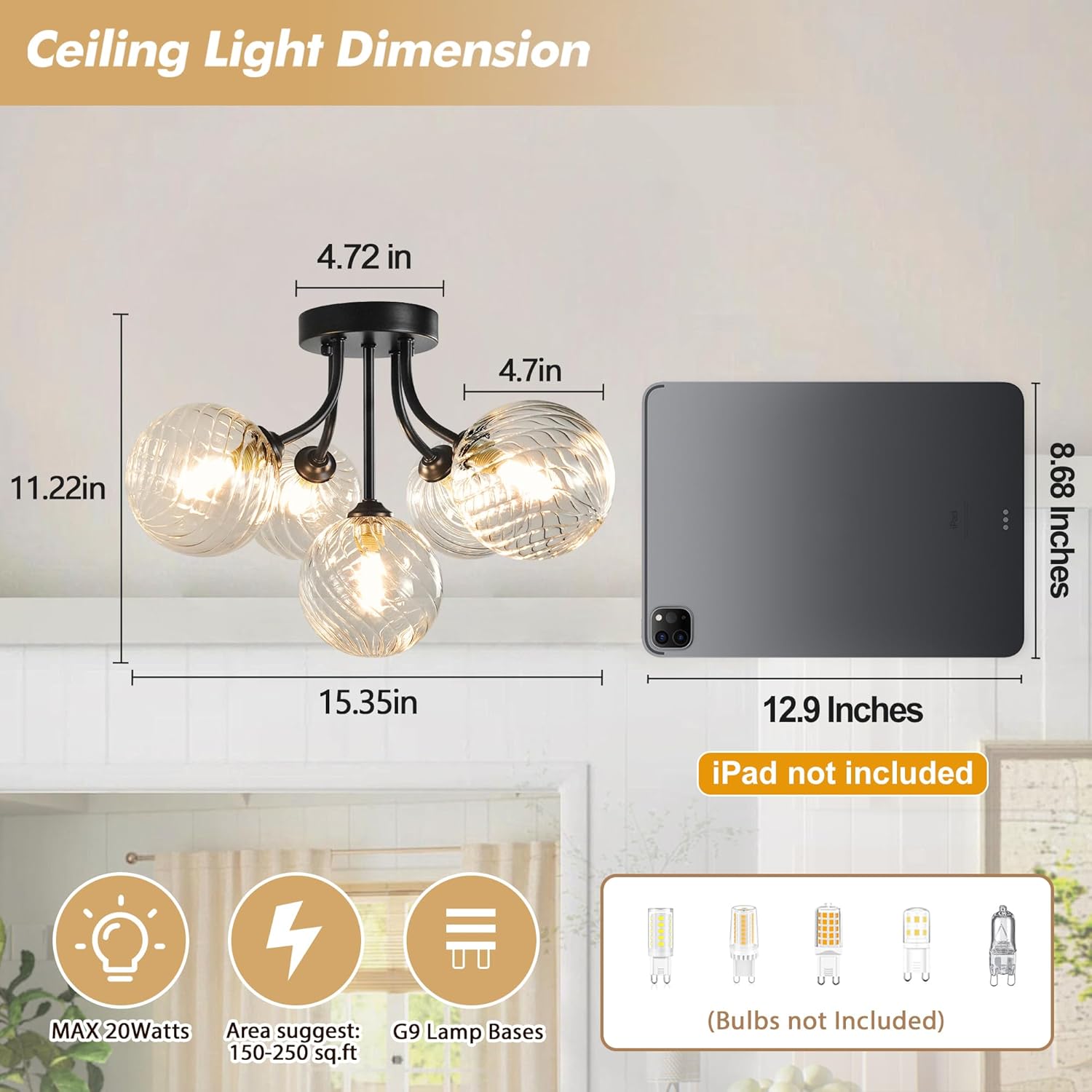 Sputnik Ceiling Light Fixture 5-Light Globe Bubble Glass Chandelier Clear Swirled Glass Semi Flush Mount Ceiling Light Fixture Black Bubble Chandelier for Bathroom Kithcen Hallway Dining Room Foyer