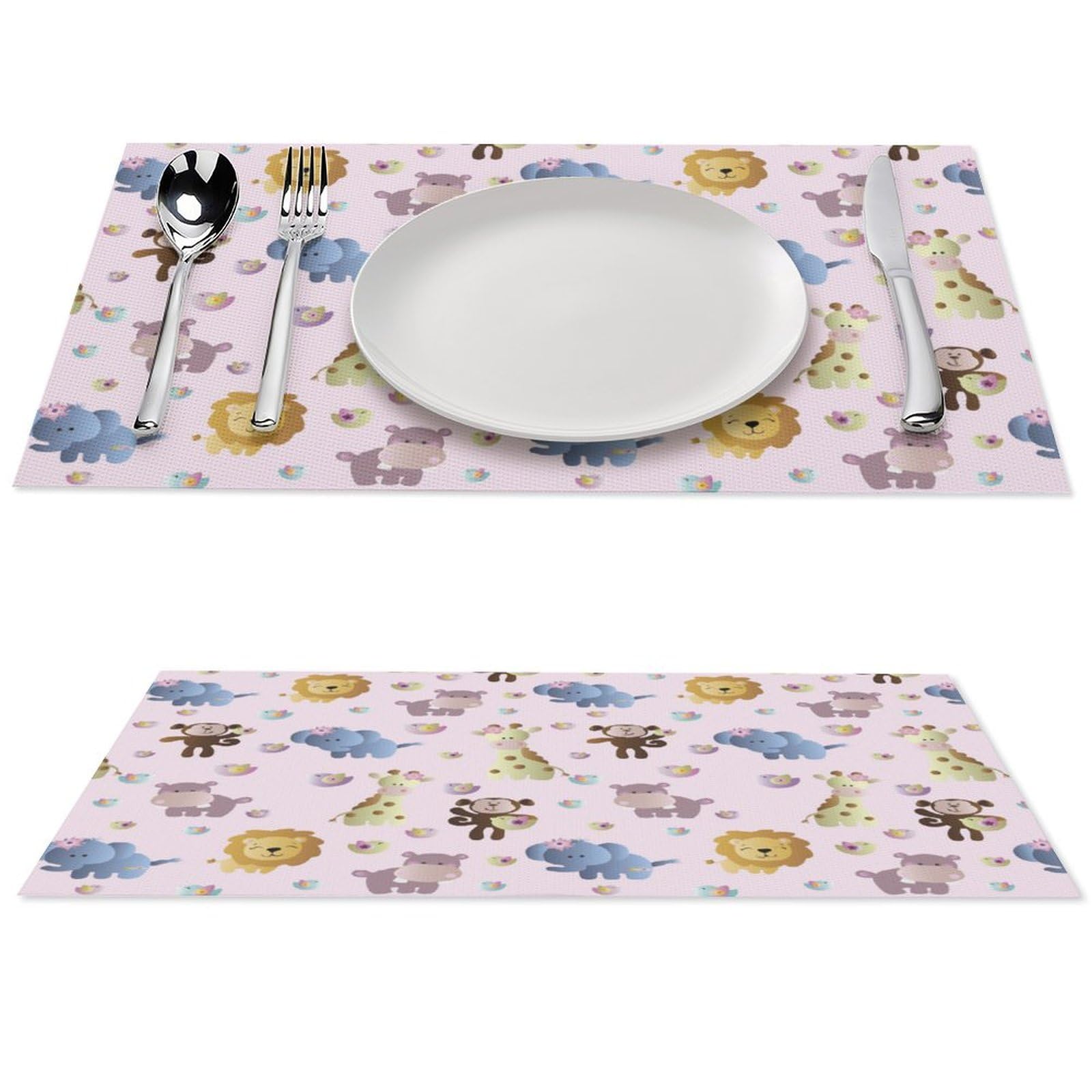 Cute Hippo Giraffe Zoo Animal Pattern Placemats Set of 1 PCS Washable Table Runner 18" X 12" Place Mats for Kitchen Party Dining Decoration