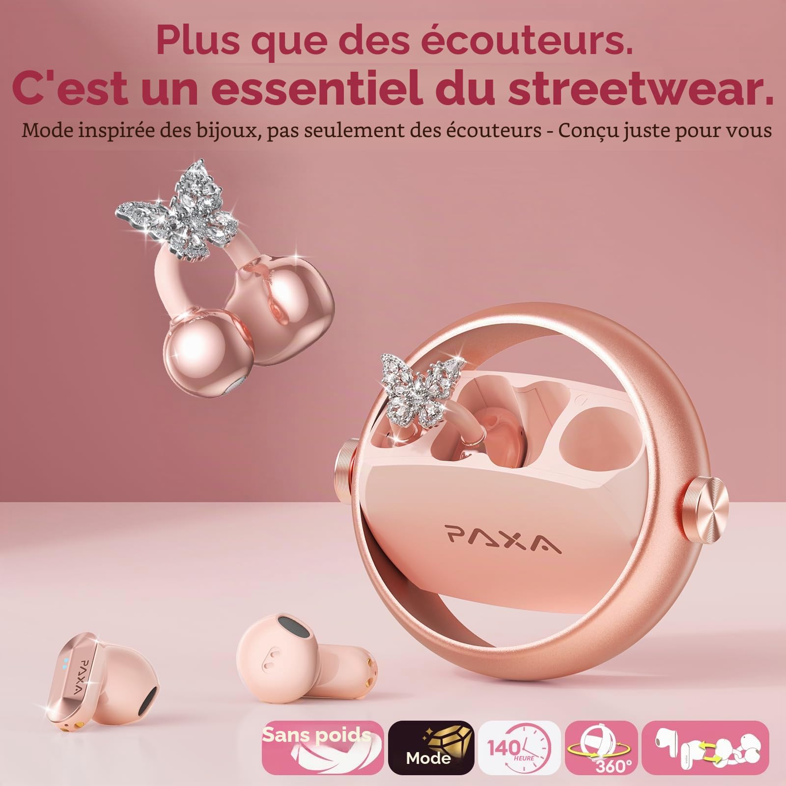 PAXA 3 en 1 Écouteurs Bluetooth sans Fil – Écouteurs avec Clip Bijou Amovible, Open-Ear Sport Écouteurs Wireless Earbuds 140H d'Autonomie, Bluetooth 6.0, IPX5 pour Runing Cyclisme, Ctbuds Rose Gold