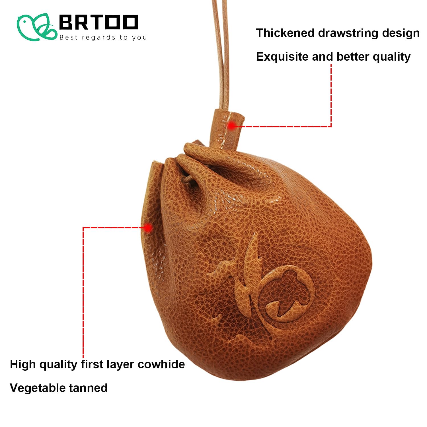 BRTOO Genuine Leather Coin Change Purse Pouch for Men Women Coin Holder for Car Small Vintage Drawstring Pouch Bag for Rosary Key Dice D&D Jewelry Storage Medieval Accessories(Yellowish brown)