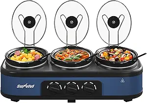 SUNVIVI Triple Slow Cooker, Buffet Food Warmer with 3 x 1.5 QT Removable Ceramic Pots, Buffet Servers and Warmers with Glass Lids and 3 Spoons, Stainless Steel, Blue