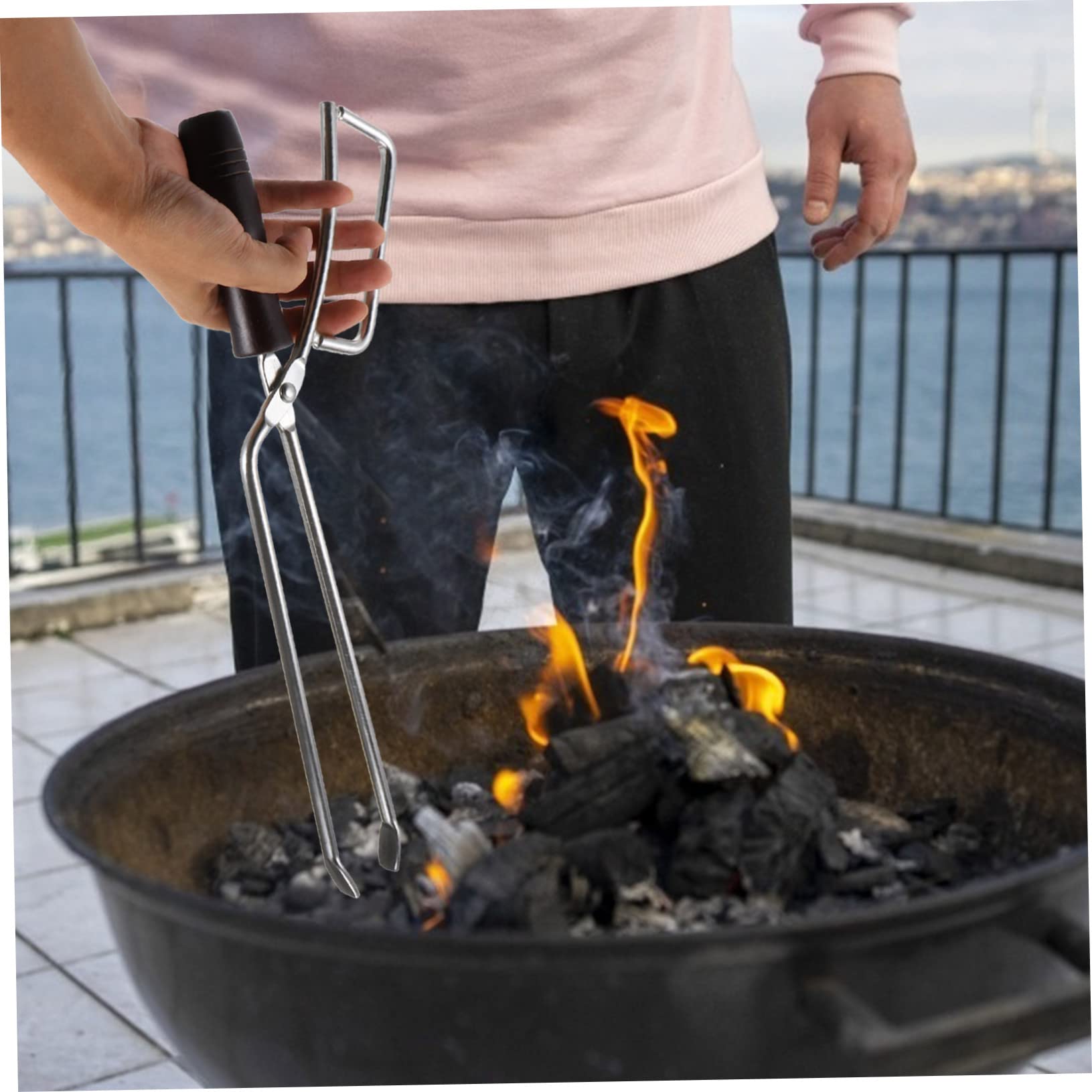 Pinza Carbone Allungata in Acciaio Inox Manico in Legno | Festa Estiva, Barbecue All'aperto, Anti-macchia e Presa Stabile, Utensili per Barbecue