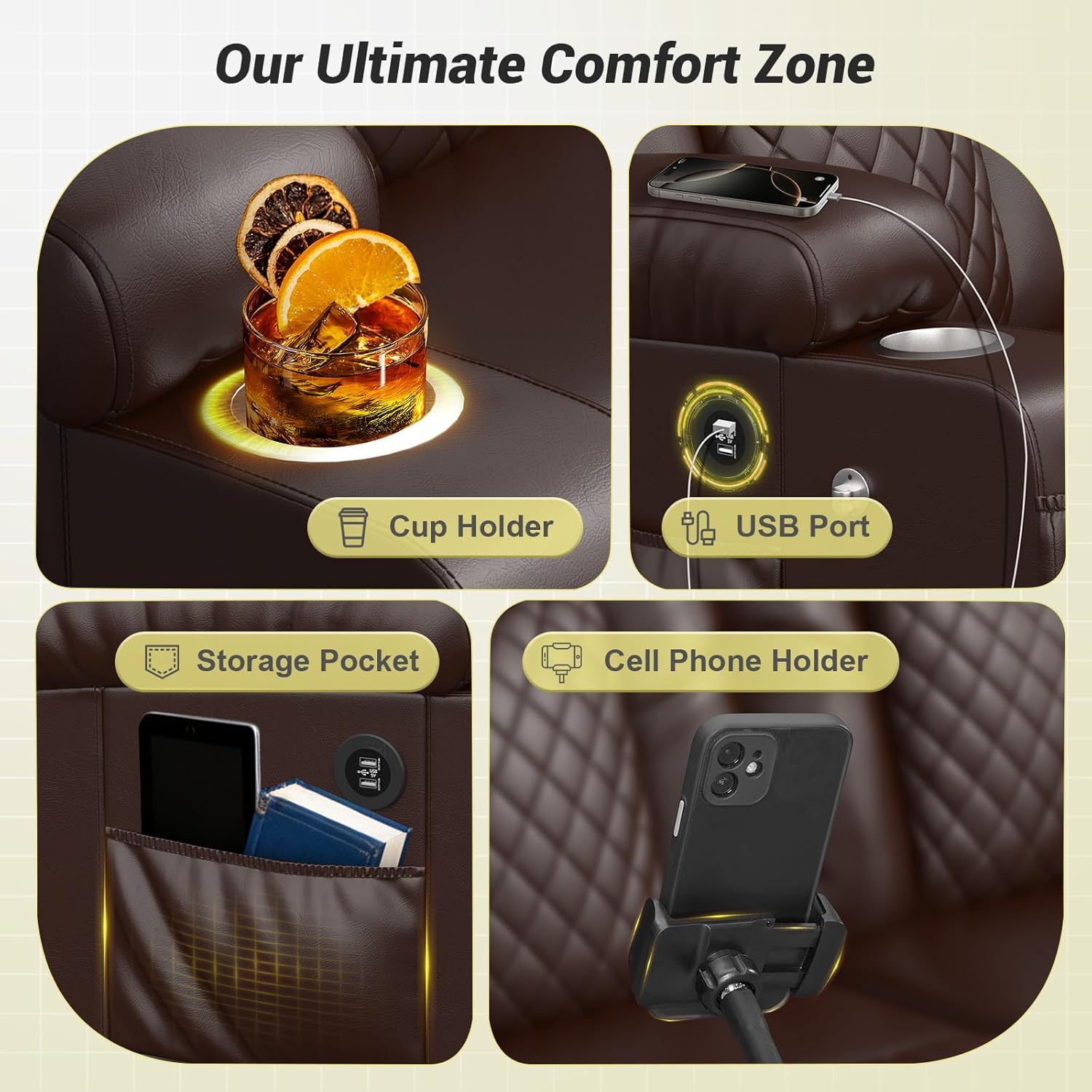 RV Loveseat Recliner Sofa, Reclining Loveseat Wall Hugger Recliners with USB Ports, Cup Holders, Insert Pockets, RV Recliners for Travel Trailers & Living Room, RV Furniture | RV Couch | Brown