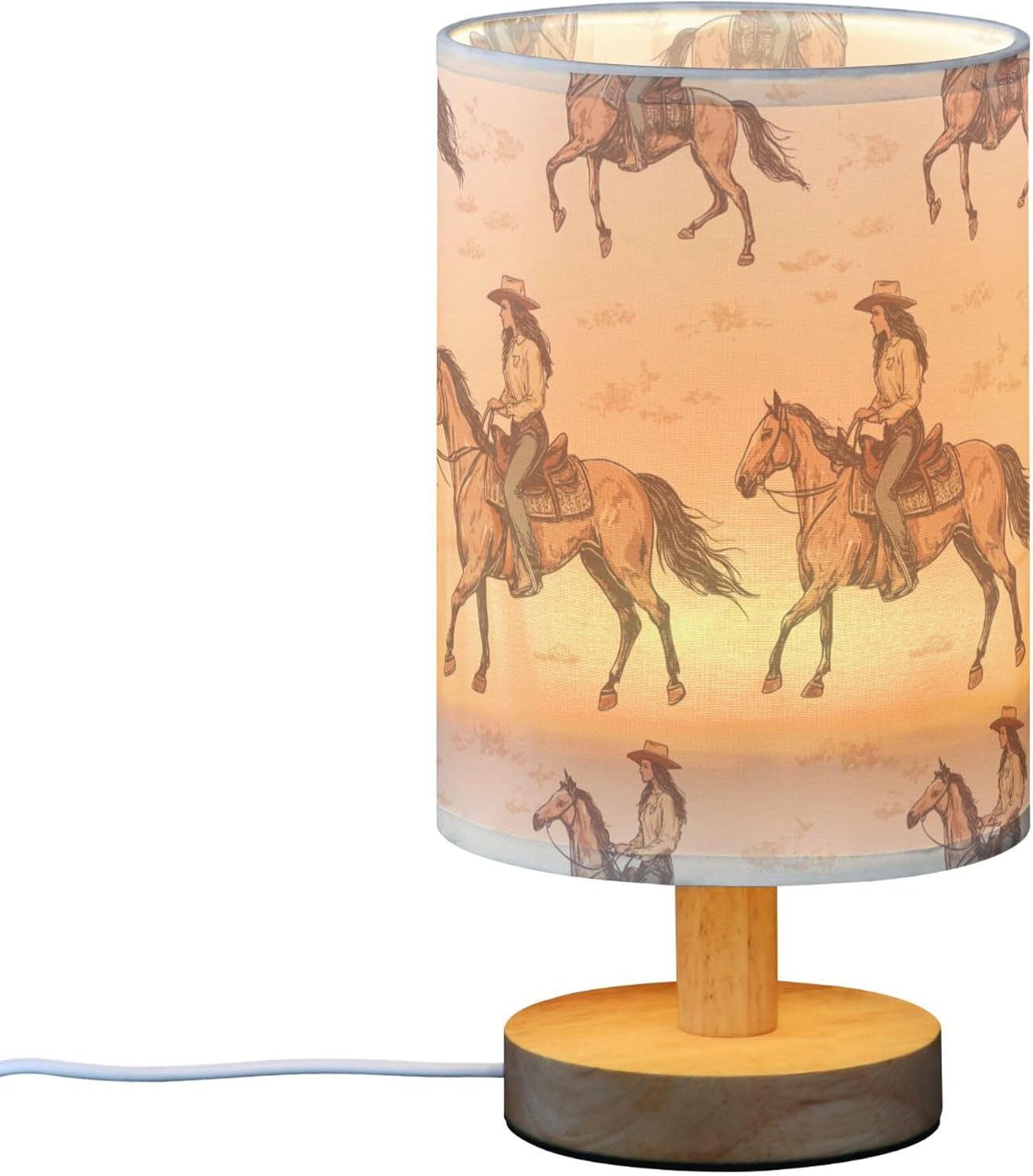 Table Lamp Cowgirl on Horse Nightstand Lamp with Wood Base Fabric Lamp Shade Bedside Desk Lamp for Living Room Bedroom Kids Room Office