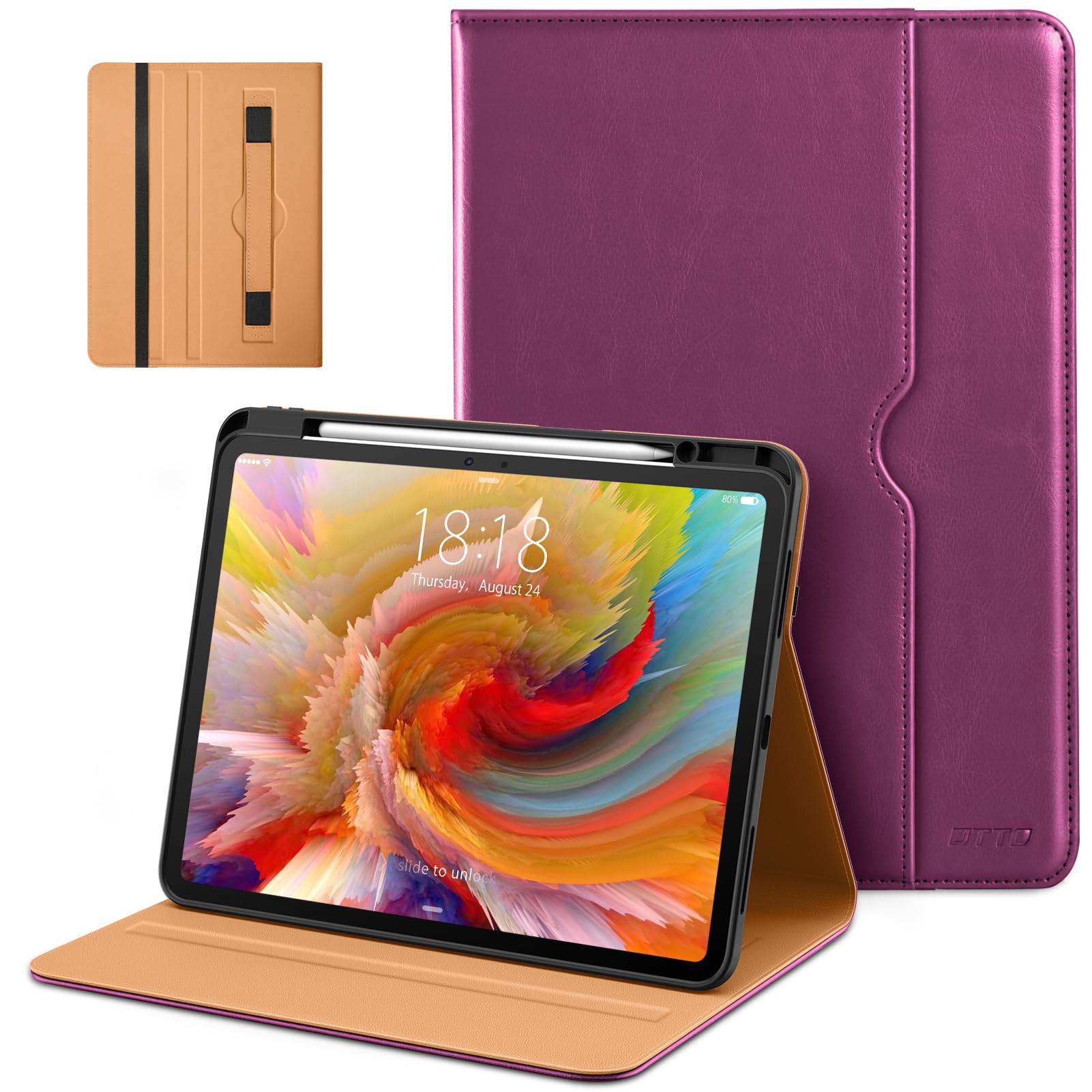 DTTO for iPad Pro 13 inch Case (M5/M4) 2025/2024, Premium Leather Business Folio Stand Cover with Pencil Holder - Auto Wake/Sleep & Multiple Viewing Angles, Built in Hand Strap & Pocket, Purple