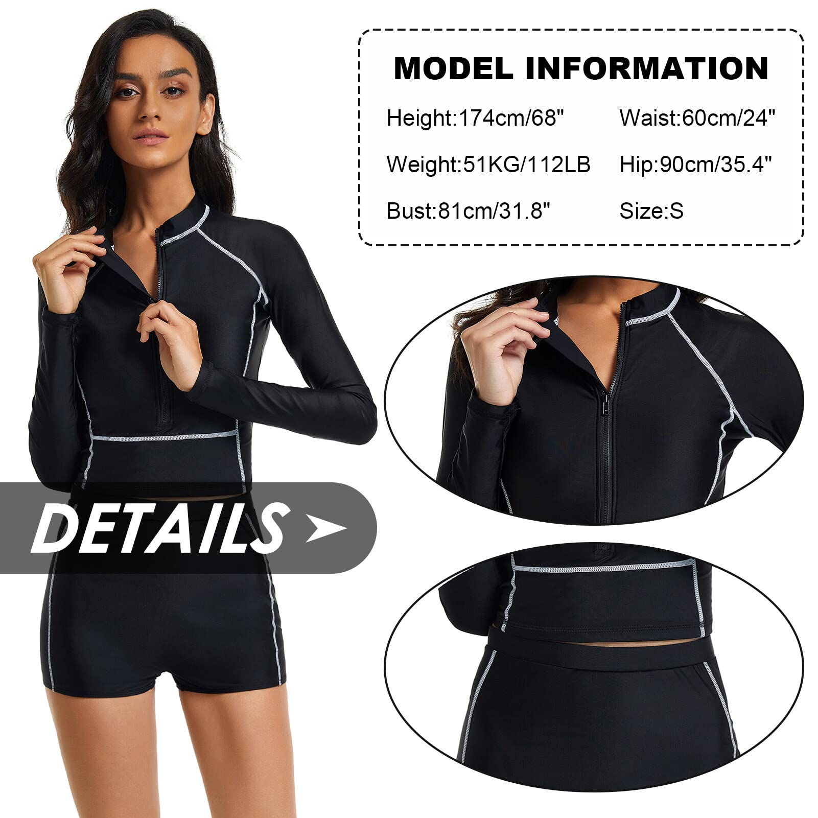 SEAUR Rash Guard damski kostium kąpielowy z długim rękawem, UPF 50+, ochrona przed promieniowaniem UV, dwuczęściowy kostium kąpielowy, slim fit, ochrona przed słońcem, moda kąpielowa, bikini, szorty