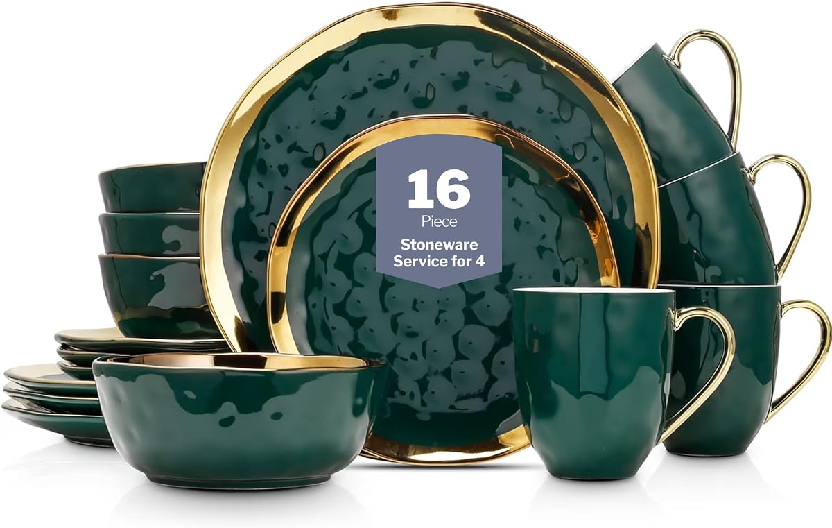 Florian Modern Juego de vajilla, platos y tazones de porcelana de 16 piezas, juego de platos para 4, borde verde y dorado