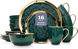 Stone Lain Florian Modern Porcelain 16 Piece Dinnerware Set, Plates and Bowls, Green with Gold Rim