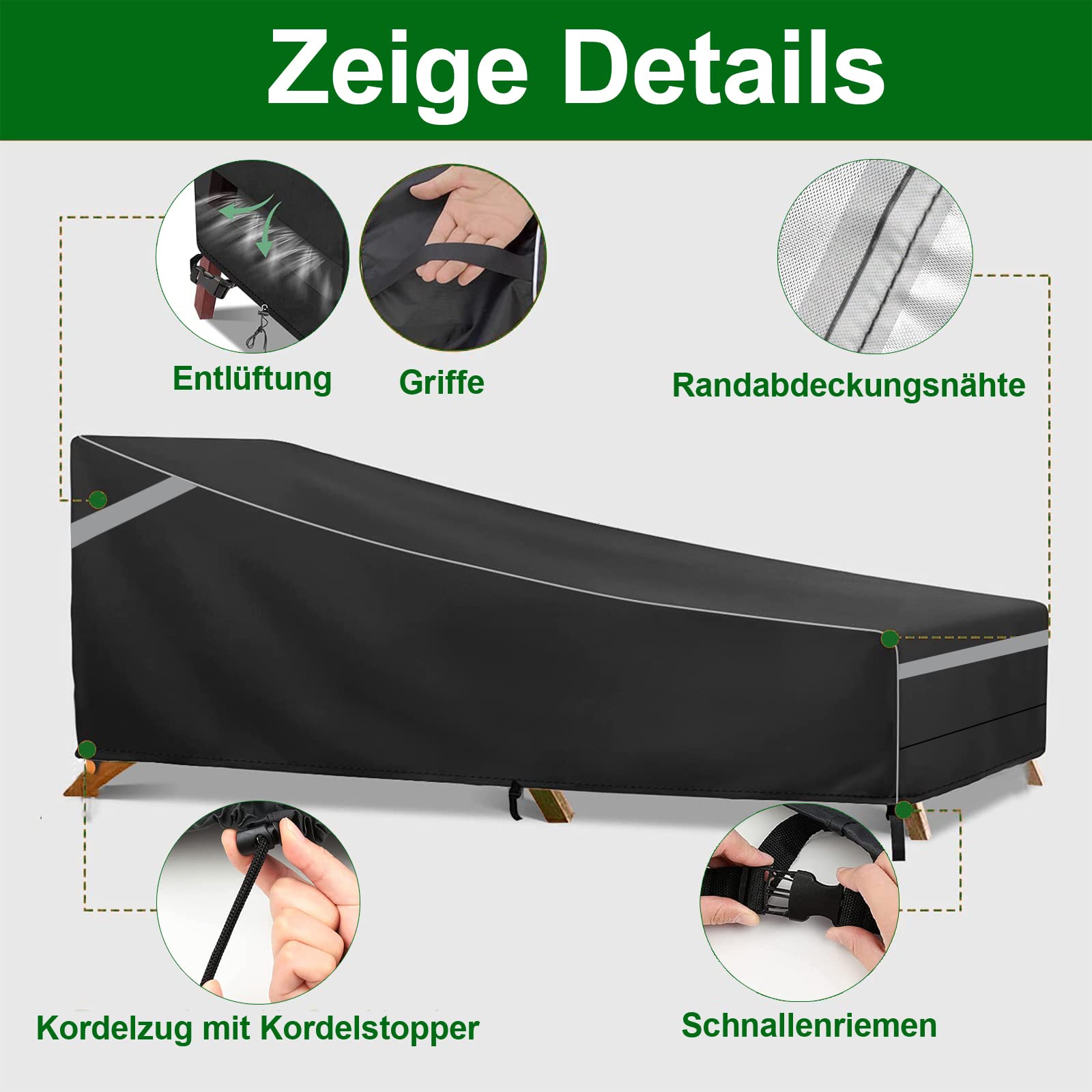 2er Pack Gartenliege Abdeckung mit Reflektierenden Streifen, 200x70x40/75cm Sonnenliege Schutzhülle mit 4 Winddichte Schnalle, Schwerlast 210D Oxford Gewebe Schutzhülle für Liegestuhl Deckchair