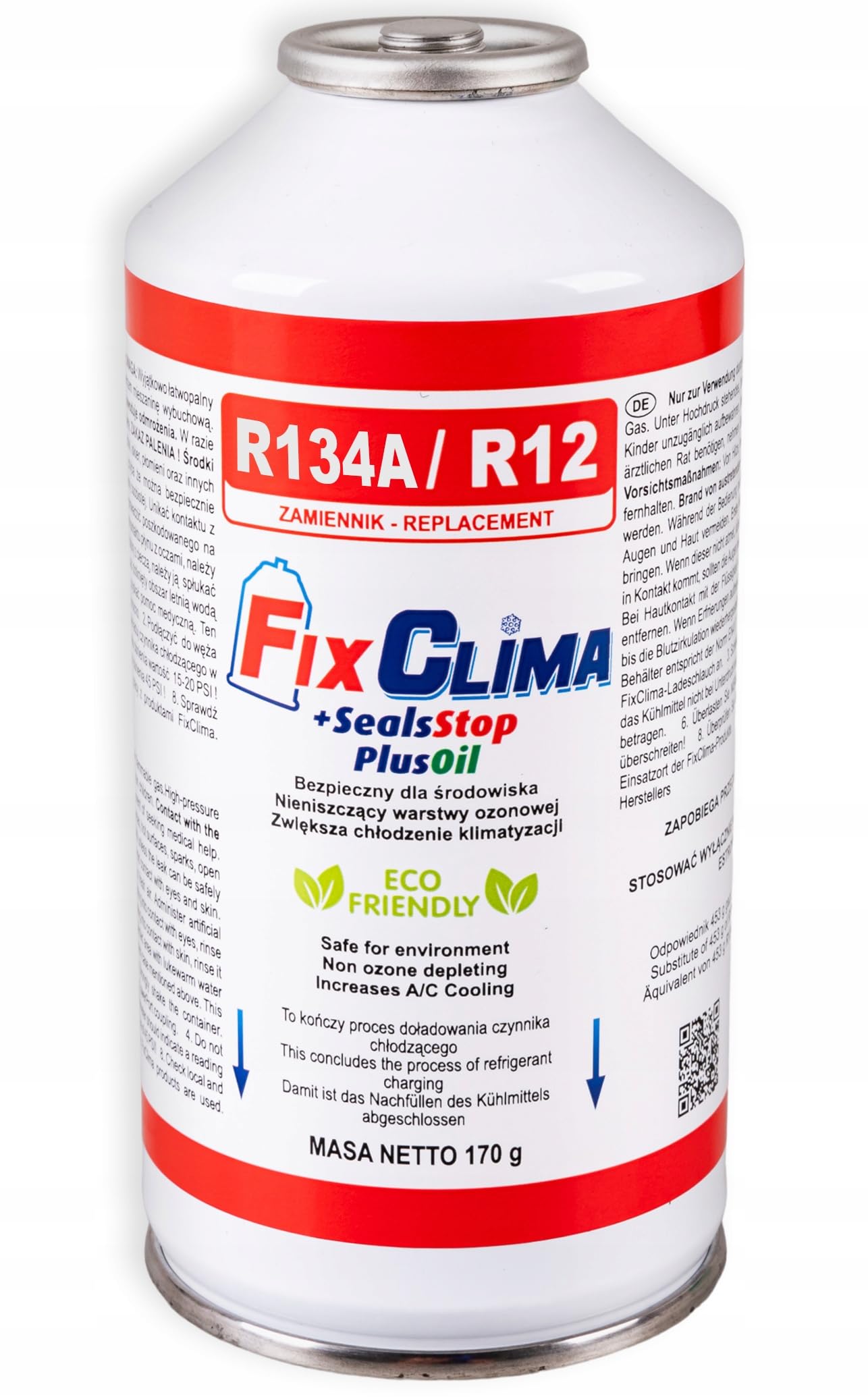 FixClima R134A Kit di Ricarica per Sistemi di Climatizzazione Automobilistici 1994-2016 - Gas Refrigerante 3in1 con Guarnizione di Tenuta e Manometro