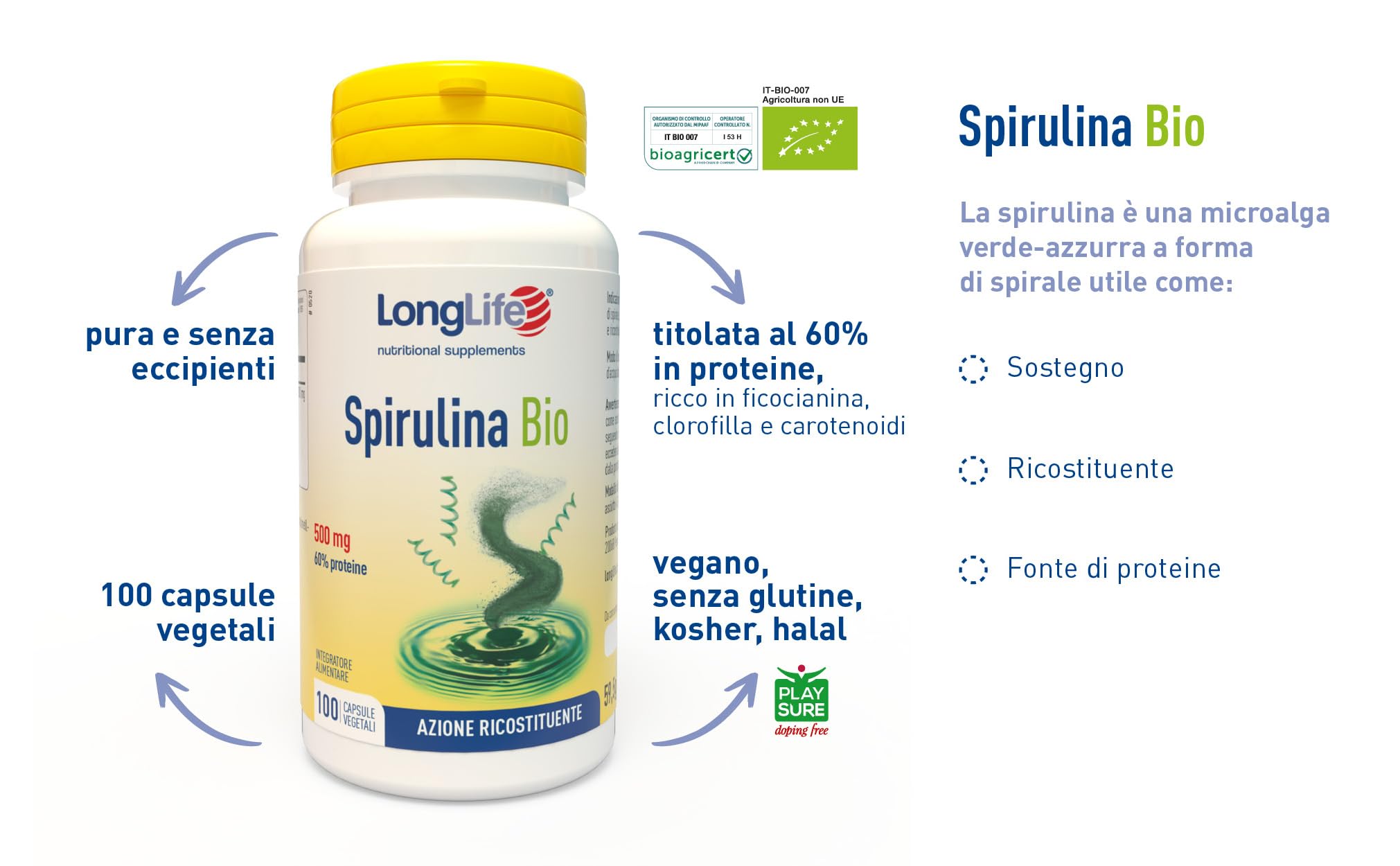 LongLife® Spirulina Bio | Alga spirulina titolata in proteine, ficocianina, clorofilla e carotenoidi | Biologica | Azione di sostegno e ricostituente | 100 capsule vegetali | Vegano e senza glutine