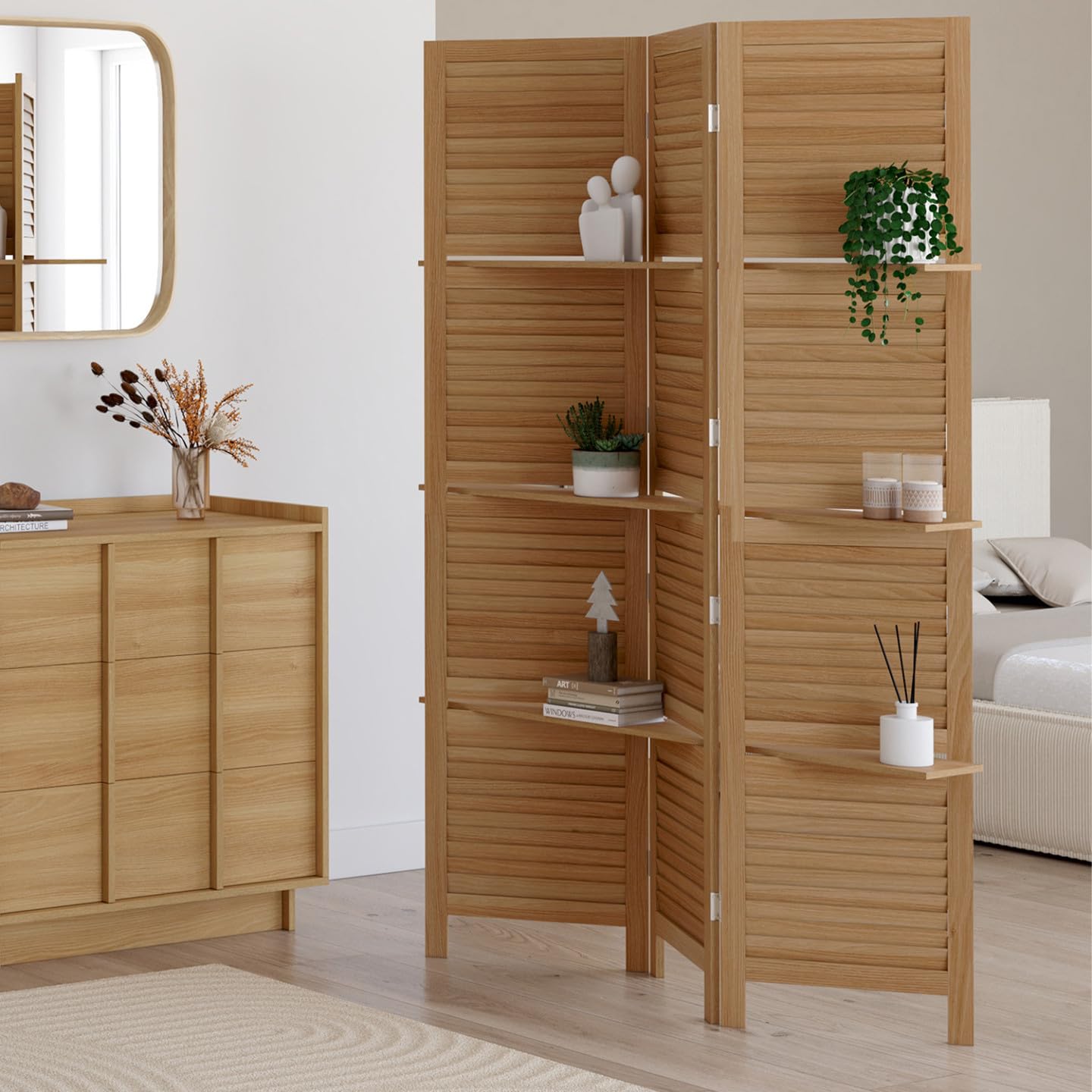 IDMarket - Biombo interior de 3 paneles con listones y 3 estantes de madera