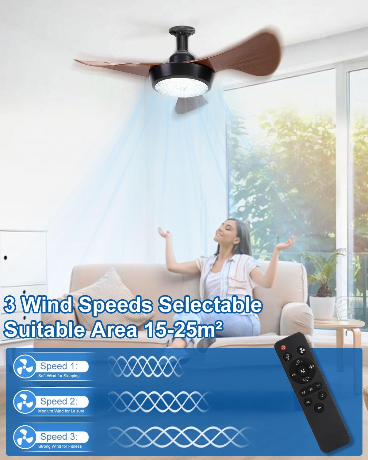 Ceiling Fans with Lights, 25" Socket Fan Light with Remote Control, 3CCT, Dimmable, 3 Speeds, Memory, LED Quiet Screw in Fan Light for Bedroom, Living Room, Kitchen