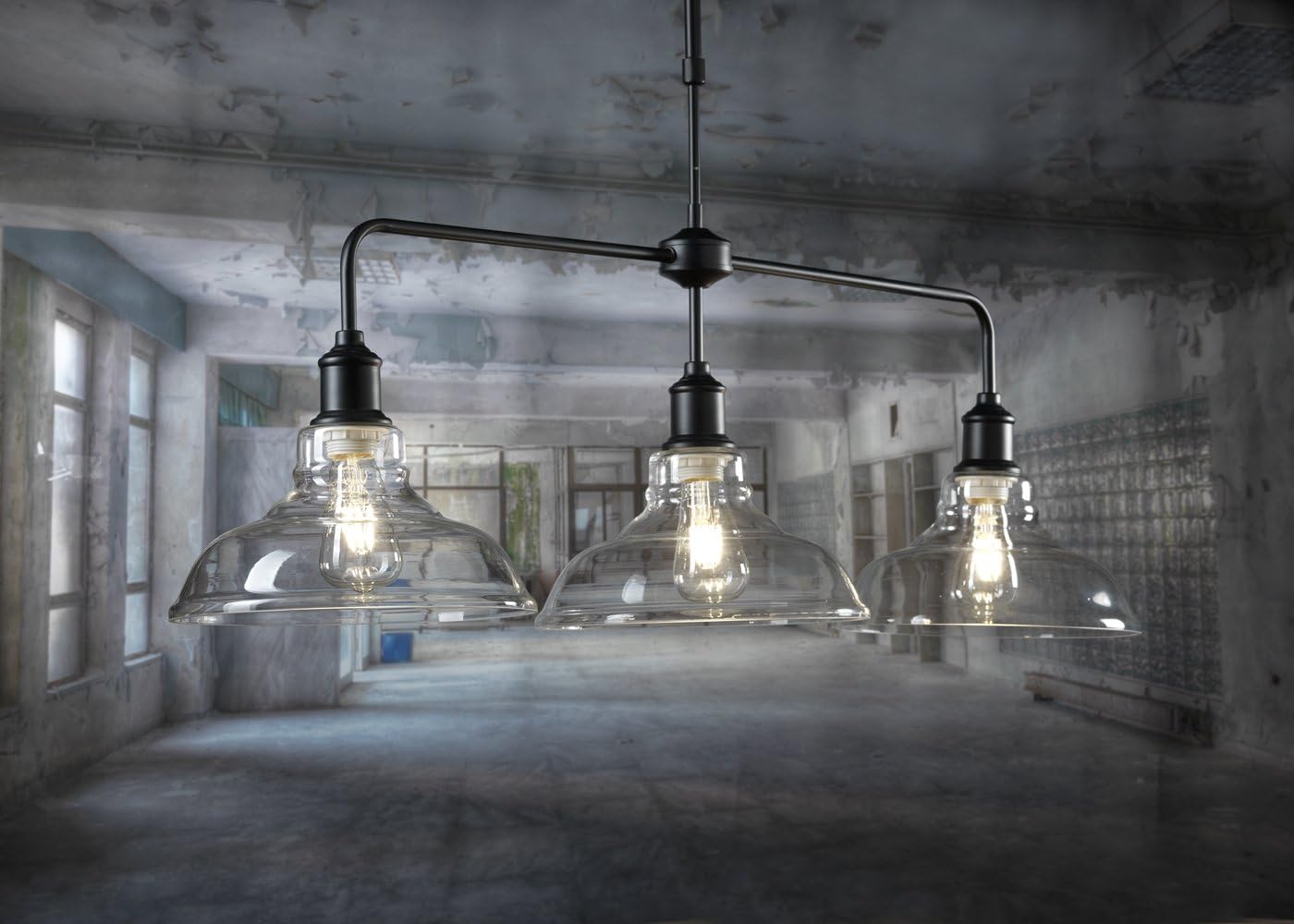 ONLI - Chandelier / Pendant ceiling lamp in matt black lacquered metal. Modern, Industrial, urban style. 3 x E27. Modern lighting for living room, kitchen, Dining Room, open space. Design Made In Italy. (Glass shades)