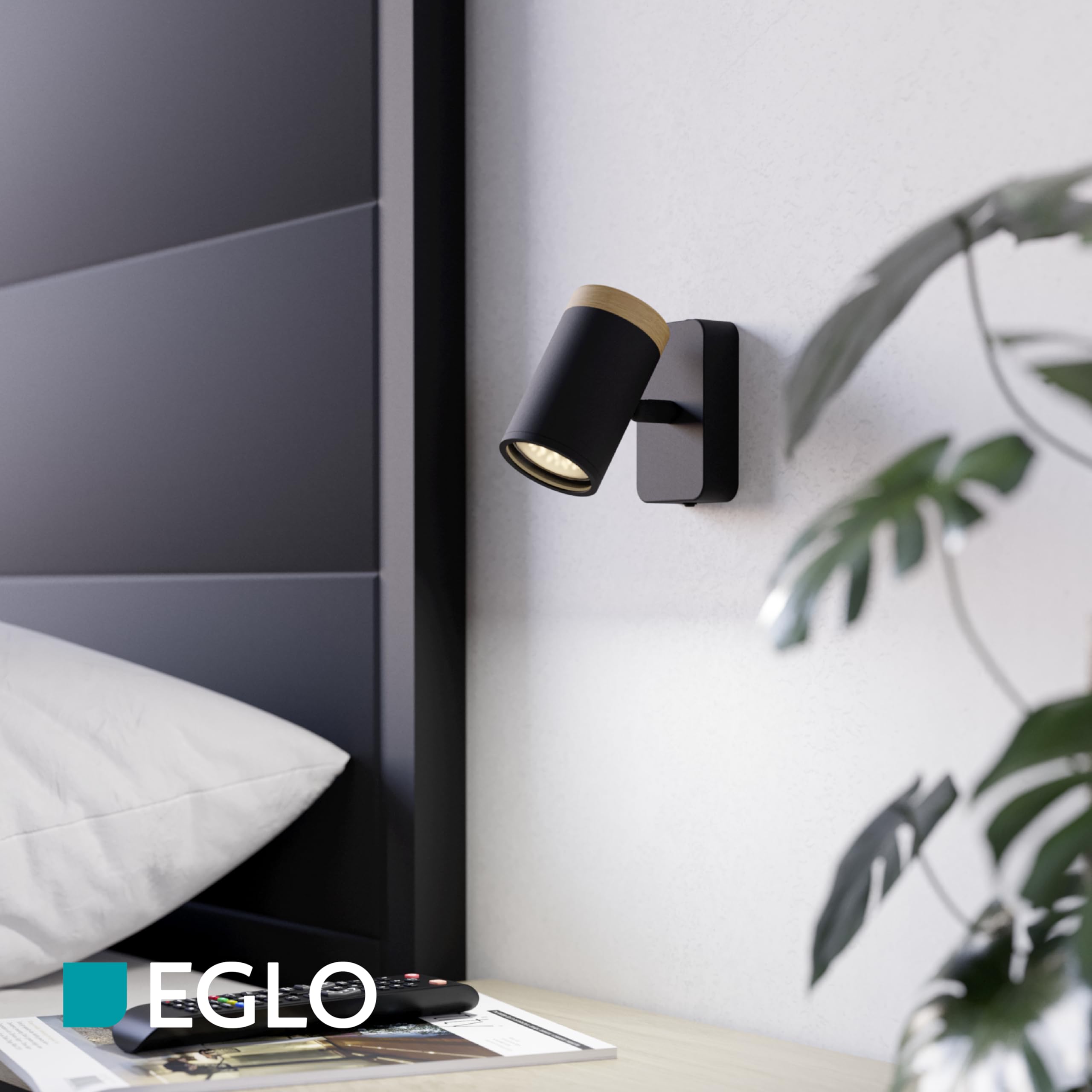Eglo Consuma - Lampada da parete, lettura in acciaio flessibile, per soggiorno e bagno, faretto legno di colore nero, attacco GU10, IP44