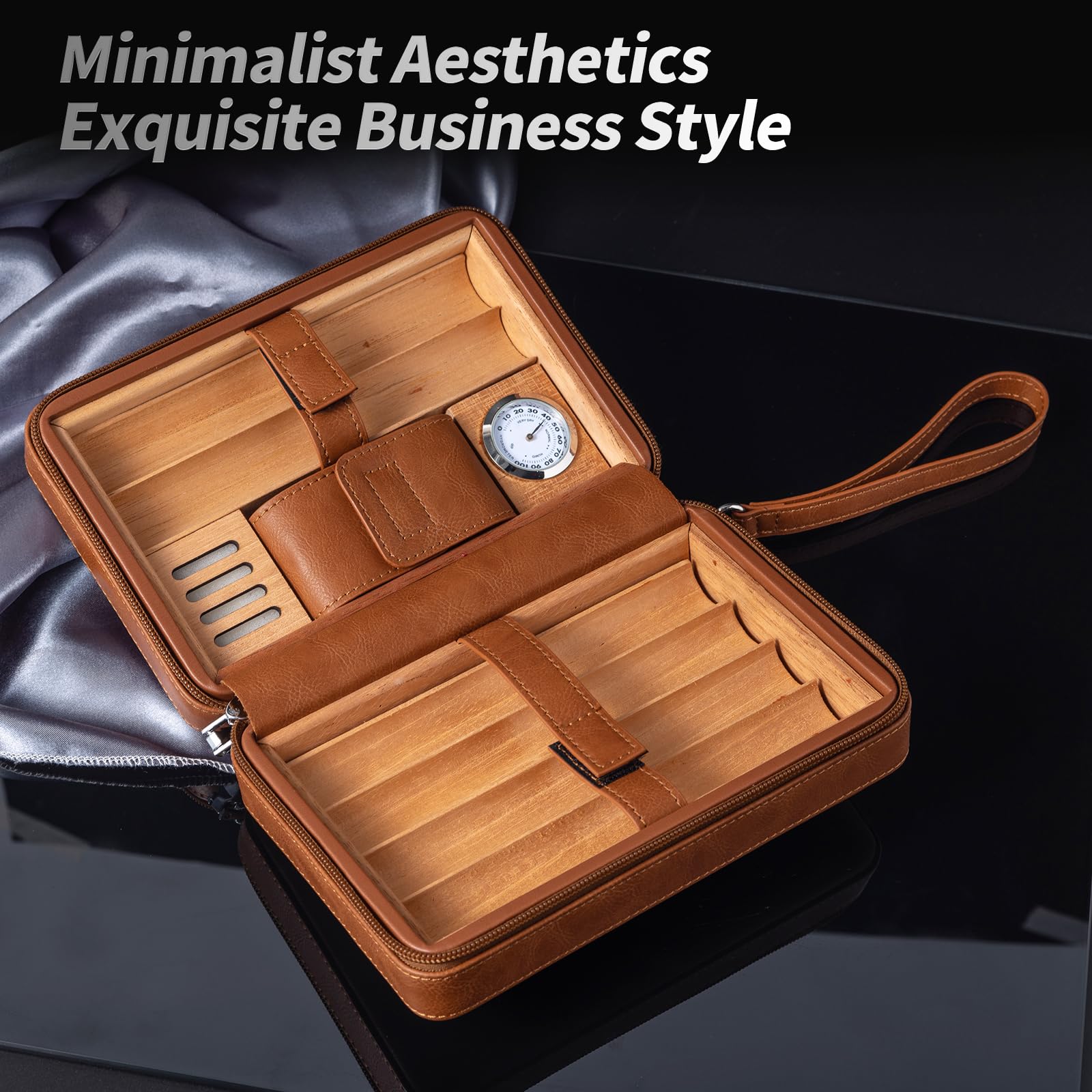 Goshentech Humidor, custodia in legno di cedro foderata in pelle, capacità 6 pezzi, igrometro e umidificatore integrato, kit portatile da viaggio (marrone)