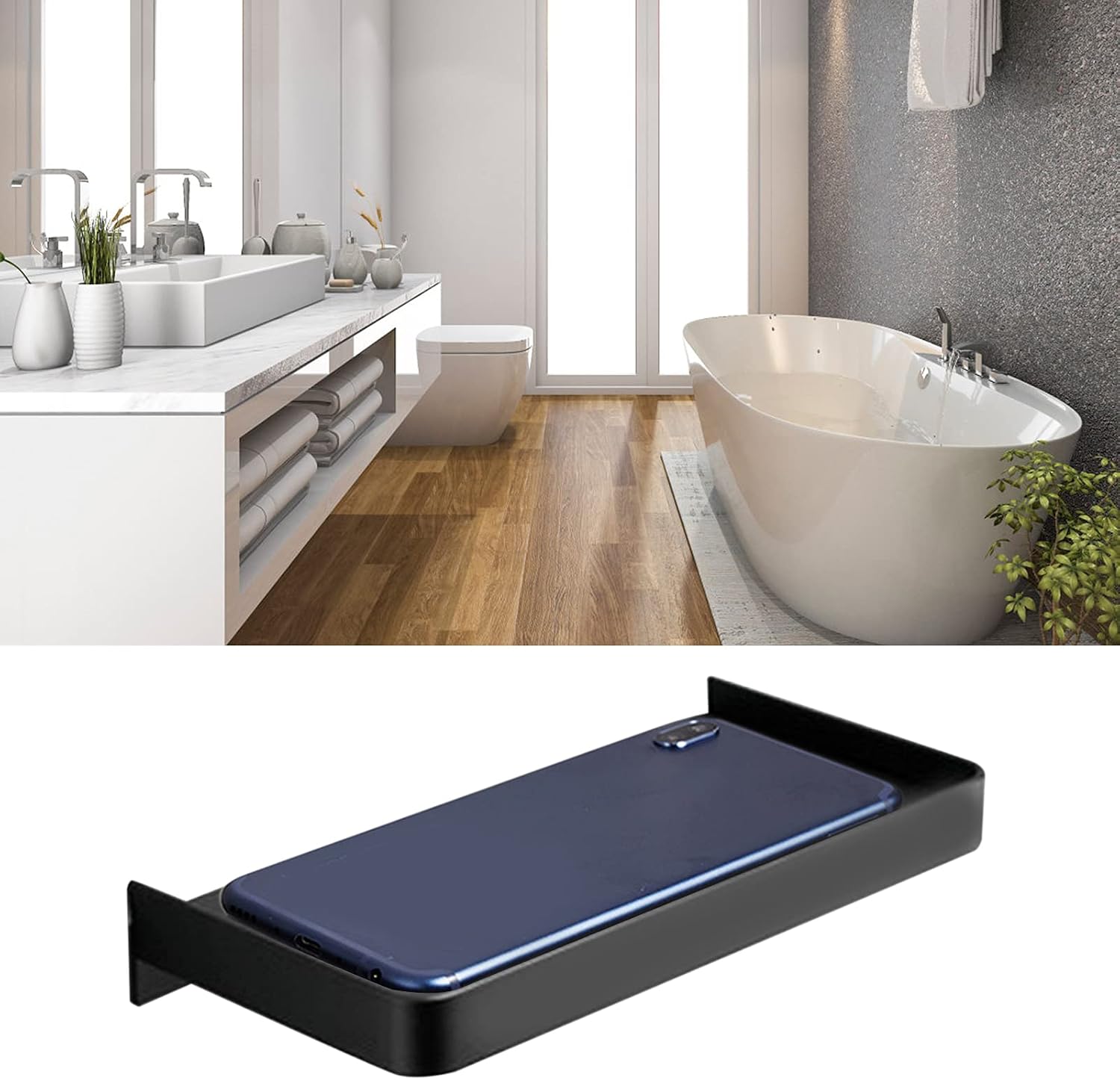 Bathroom Phone Shelf Wall Mounted, Stainless Steel Toilet Phone Holder Tray for Cell Phone, Glasses, Wet Wipes, Raised Edges, 7.3x3.5 Inch, Black