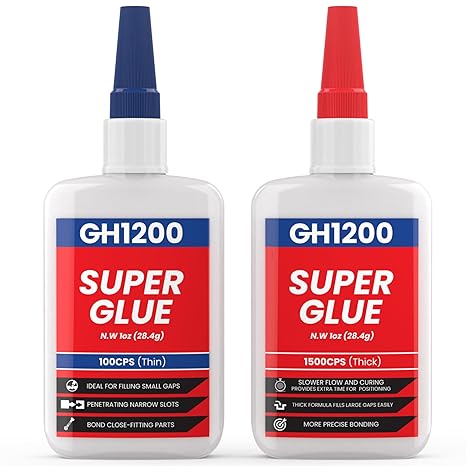 GH1200 57 Grams (2 oz) 100/1500 CPS (Thin/Thick) Super Glue All Purpose with Anti Clog Cap. Ca Glue - Adhesive SuperGlue. Cyanoacrylate Glue for Hard Plastics, DIY Craft, Metal 1 Oz Each