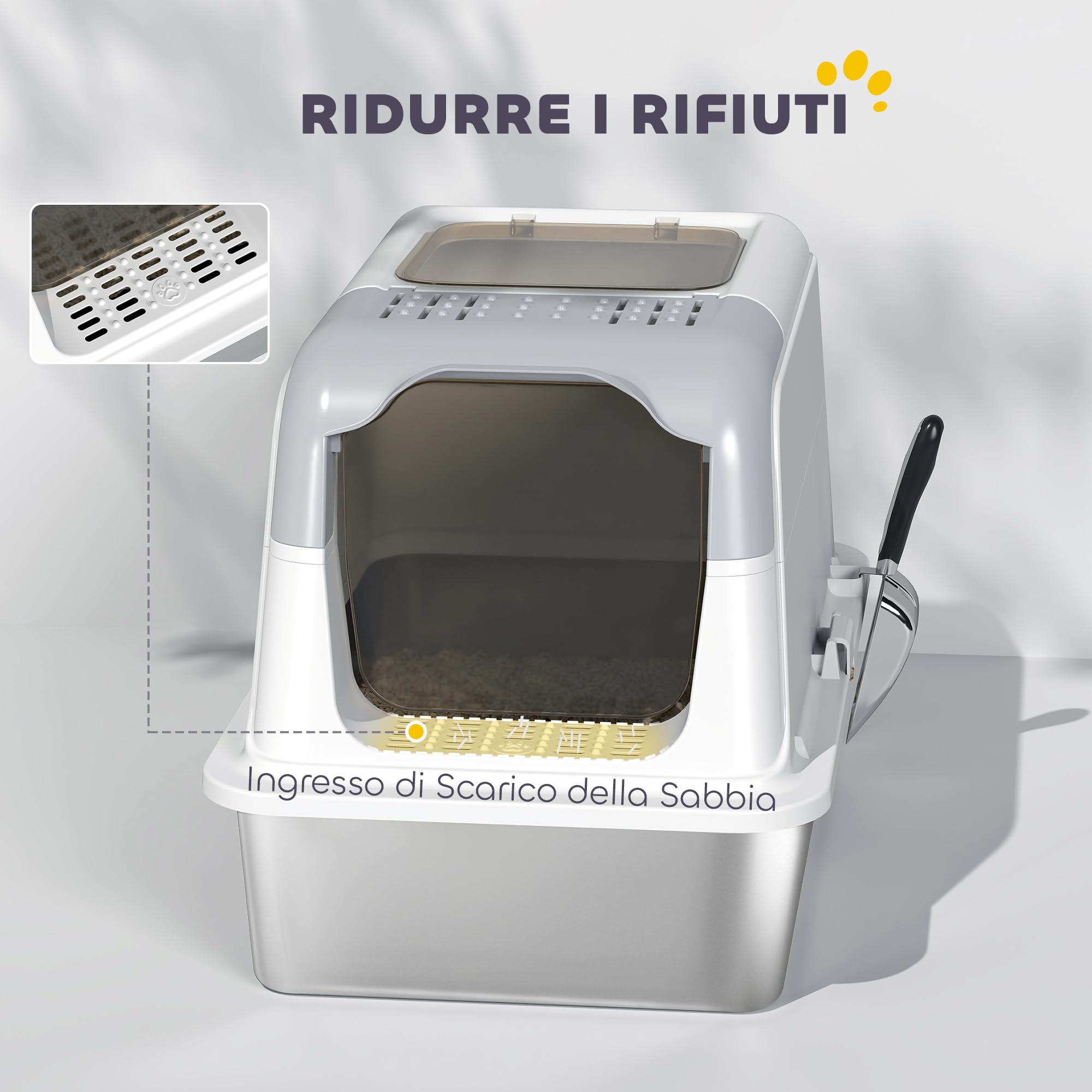 PawHut Lettiera per Gatti Chiusa a 2 Ingressi con Deodorante e Paletta, Lettiera per Gattini in Acciaio Inox, ABS e PP, 60.4x40.4x41.8 cm, Bianco e Grigio