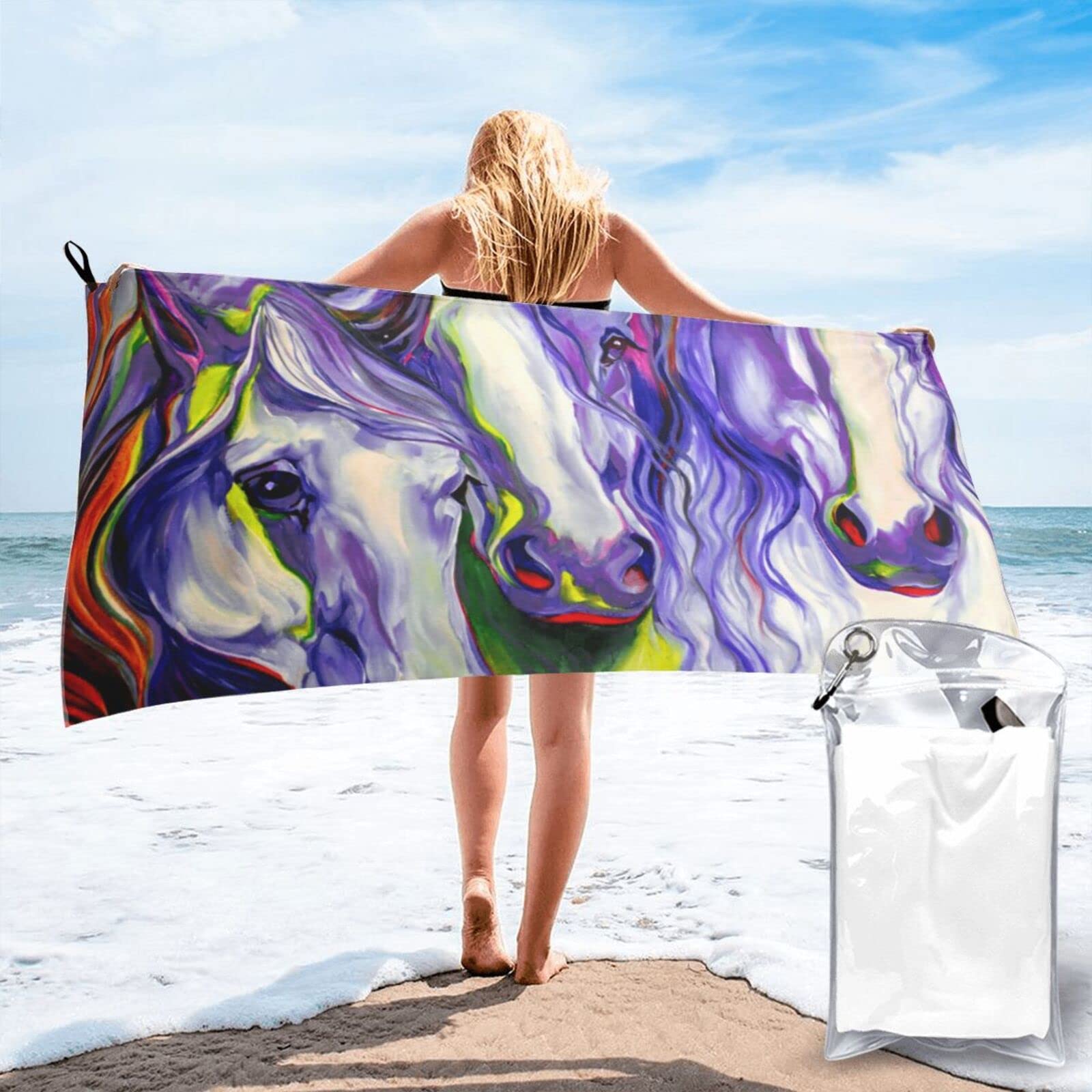 Lawenp Watercolor Horse Microfiber Beach Towel Adults Large Quick Drying Bath Towel Travel Towels with Pouch 31.5"x63"