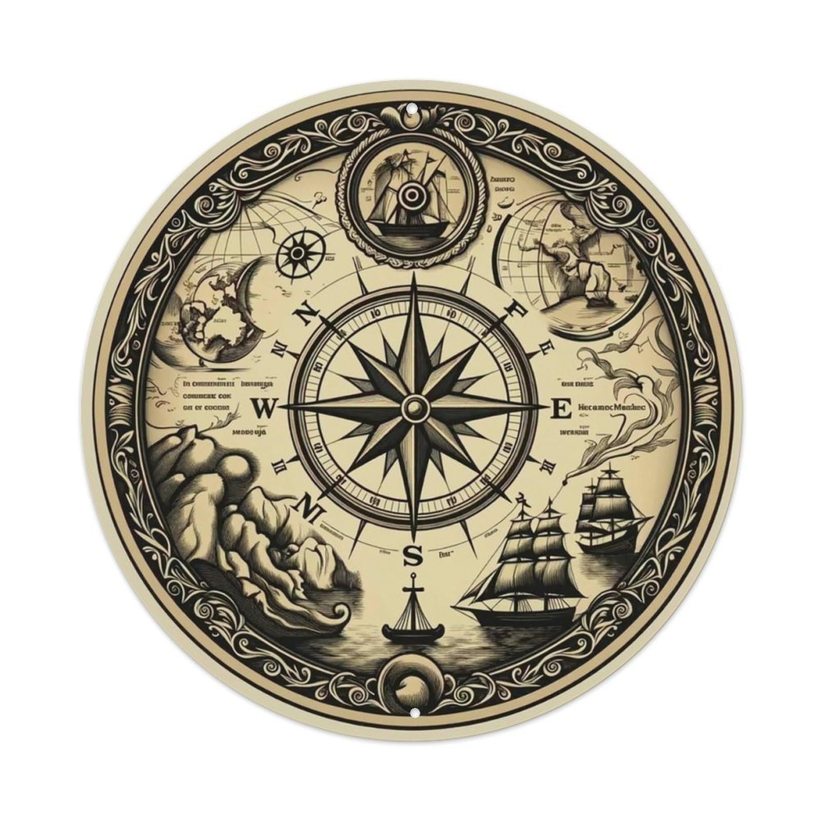 Vintage Nautical Compass World Map Berth Guide Metal Tin Sign