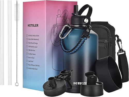 Botella de agua aislada de 64 onzas con asa de paracaídas, bolsa de transporte y funda de silicona, jarra aislada de acero inoxidable de doble pared