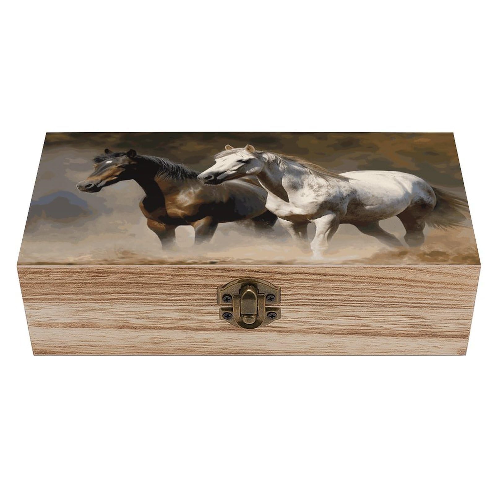 Btcowzrv Style Horses Animals2 Wooden Storage Box, Keepsake Box With Hinged And Retro Lock, Wood Jewelry Organizer For Photos & Mementos And Home Decor