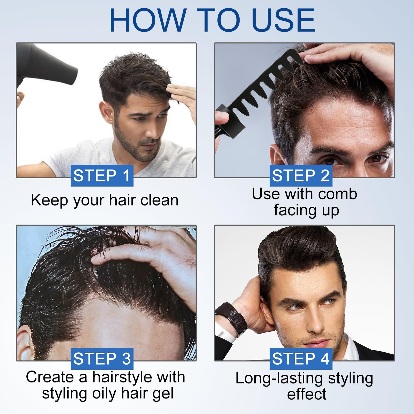 men slicked back hair comb styling with gel step-by-step visual