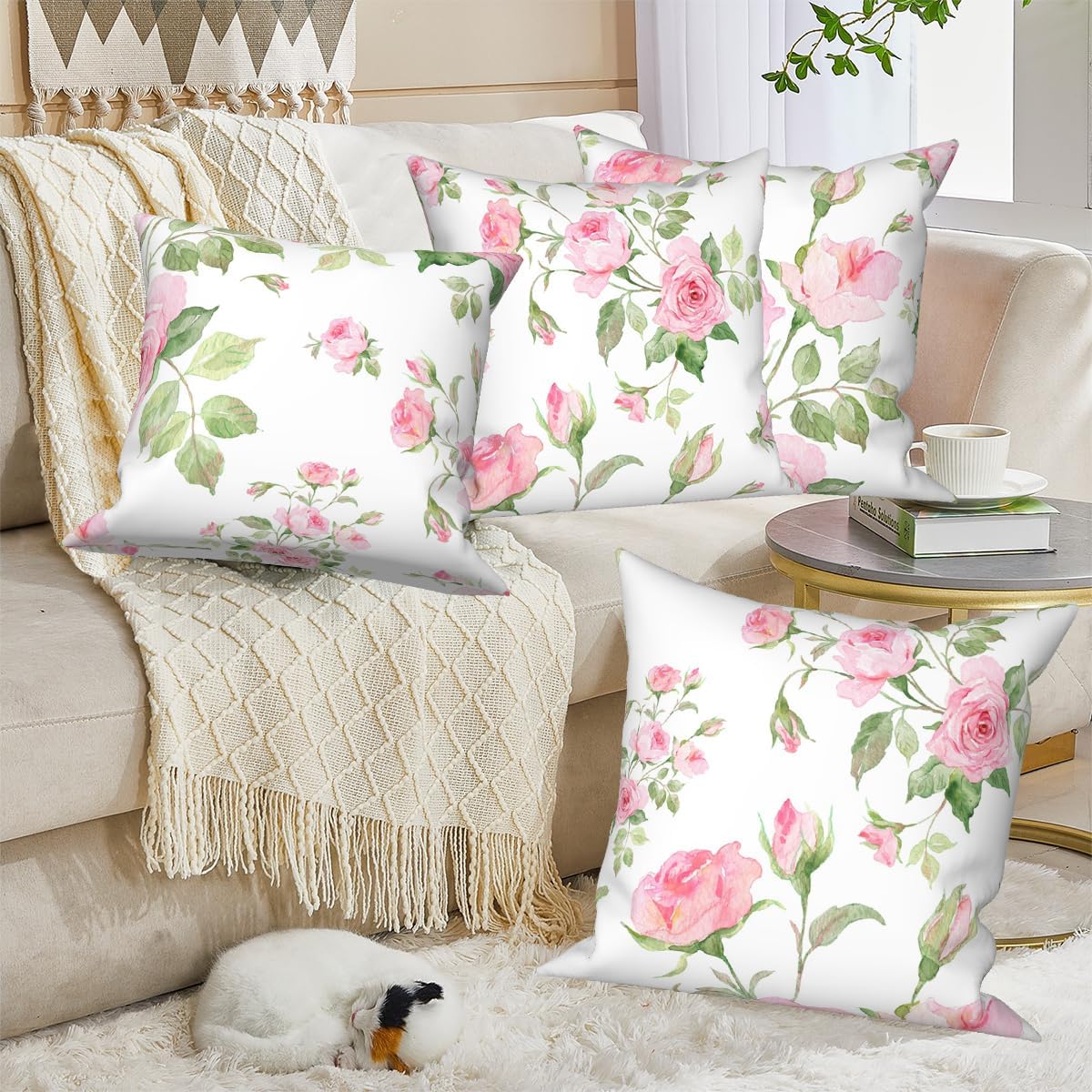 Pink Roses Throw Pillow Covers Blooming Natural Flower Bouquet Green Leaves Set of 4 Romantic Art Design Square Pillowcases for Bed Outdoor Couch Bedroom Patio Farmhouse Living Room 18x18