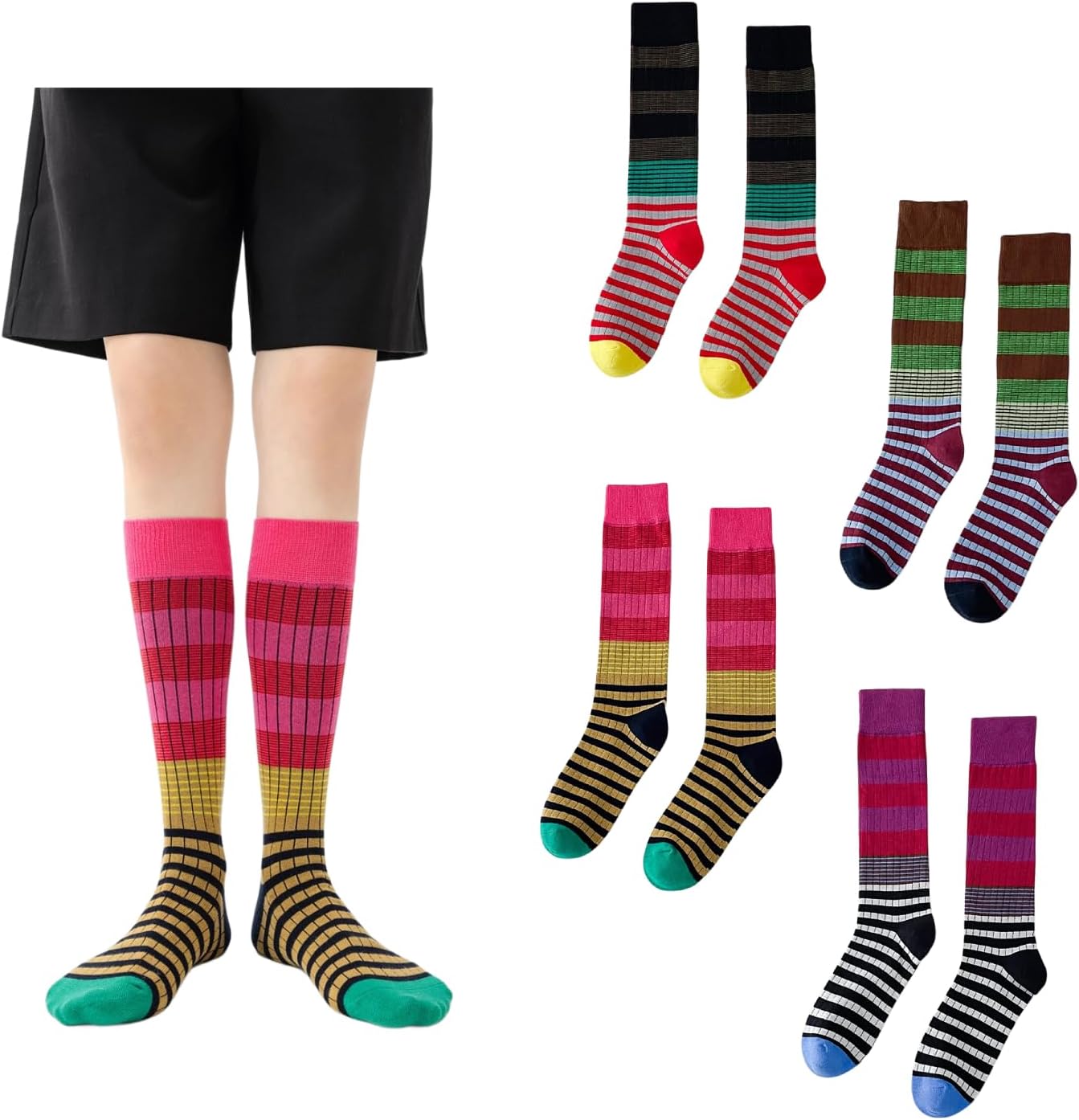 4/5 Pairs Retro Style Colorful Striped Knee High Socks for Women Soft Cotton Stockings for Sports and Daily Wear