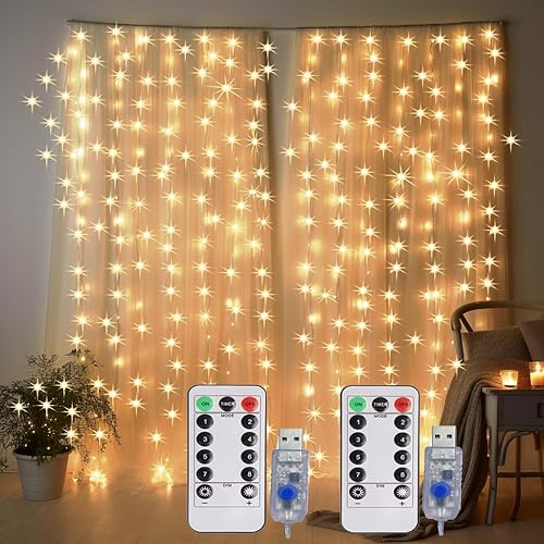 LEDIKON Paquete de 2 luces de cortina para interiores, 600 luces LED de color blanco cálido, enchufe USB, control remoto y temporizador, tira de
