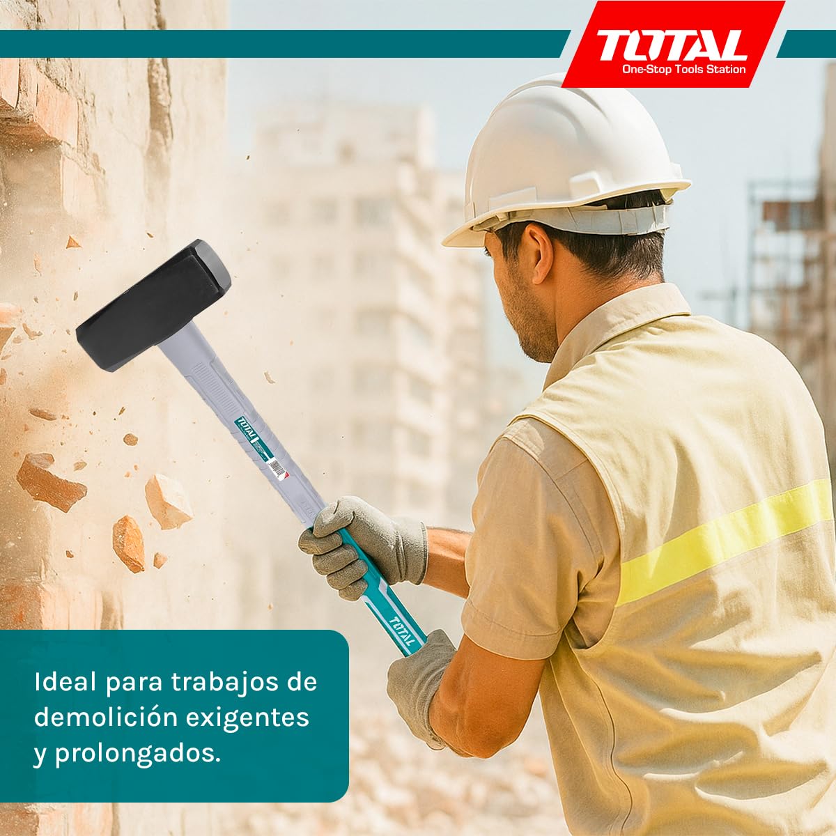 TOTAL - Maza Albañil | 5 kg y 900 mm de Largo | Adecuado Para la Construcción | Alta Resistencia al Impacto | Cabeza Cuadrada de Acero al Carbono Forjado | Mango de Fibra