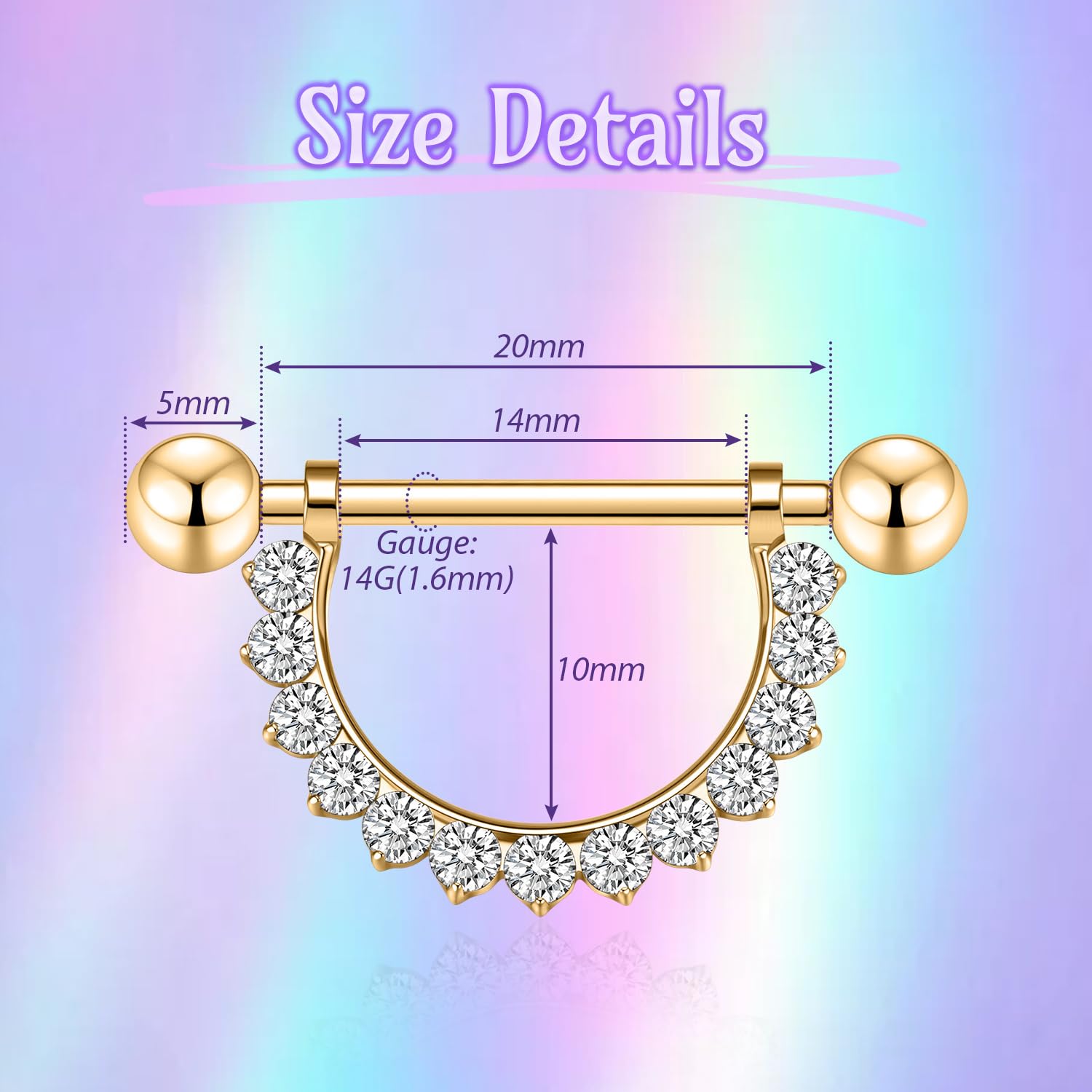 GAGABODY Paire d'anneaux de téton G23 en titane 14 G en forme de D filetés à l'intérieur ronds transparents CZ barre droite pour téton pour homme et femme