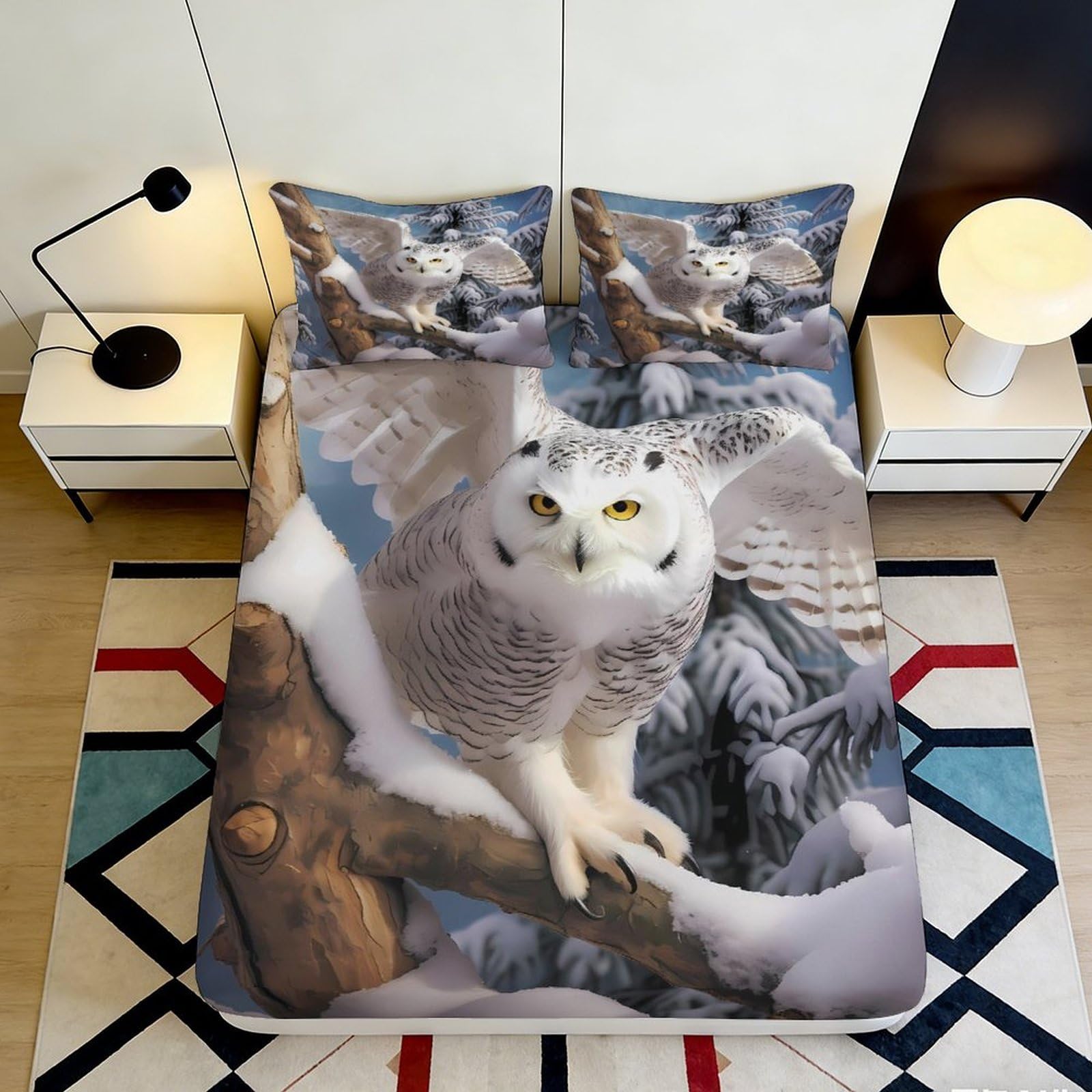 3D Printed Snowy Owl Fitted Sheet Microfiber Soft Breathable Forest Bed Cover for Bedroom Guest Room Decor 90x200x25cm