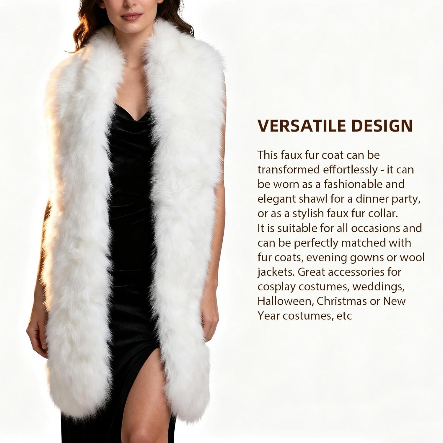 Women's Faux Fur Collar Scarf Wrap, White Warm Scarf Wrap Stole Shawl Shrug Neck Warmer for Winter