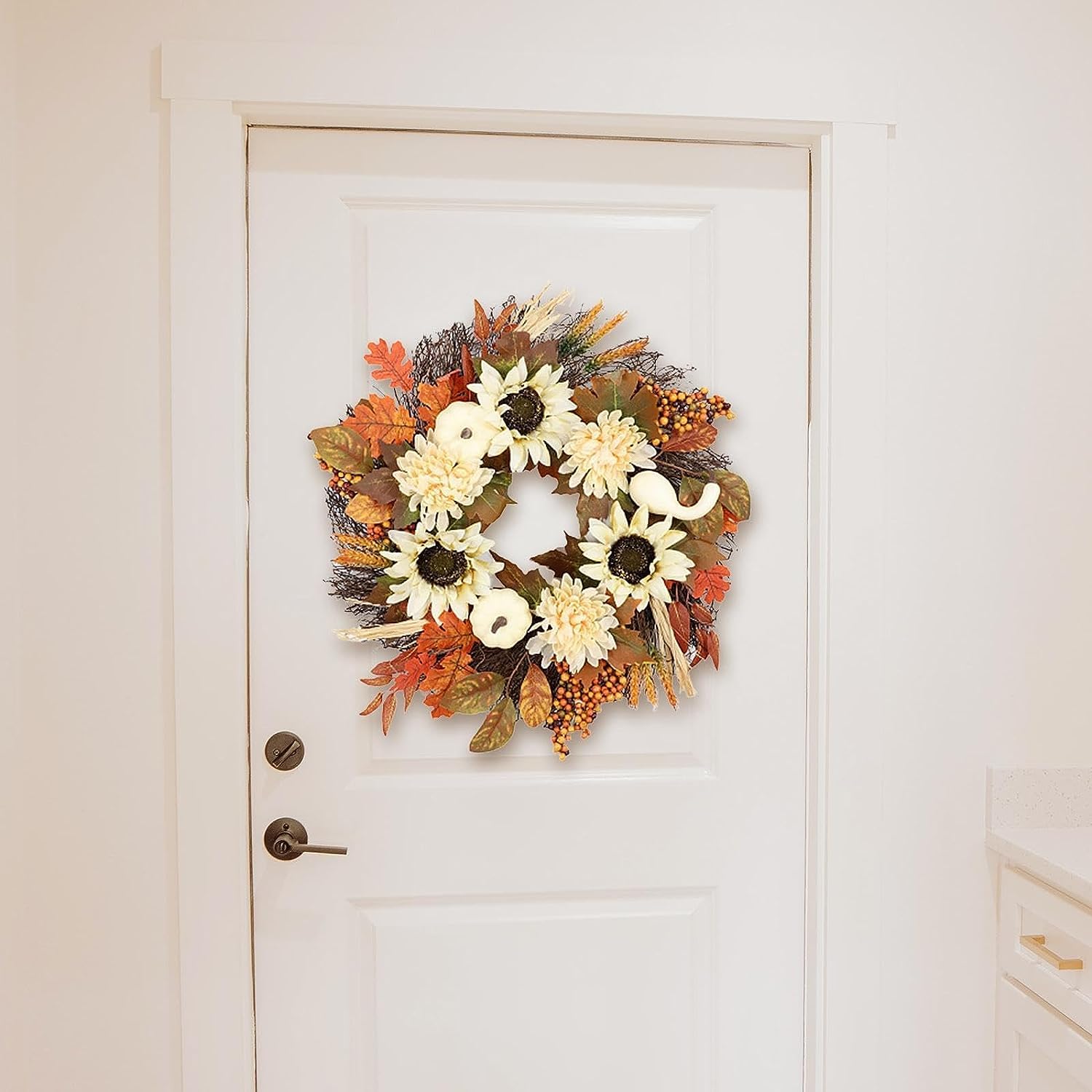 AGAATI Türkranz, Herbstkränze für die Haustür, Herbstkürbiskranz, Türkranz für die Vordertür, kreativer Sonnenblumen-Erntedankkranz, 60 cm (Größe: 60 cm) (60 cm)