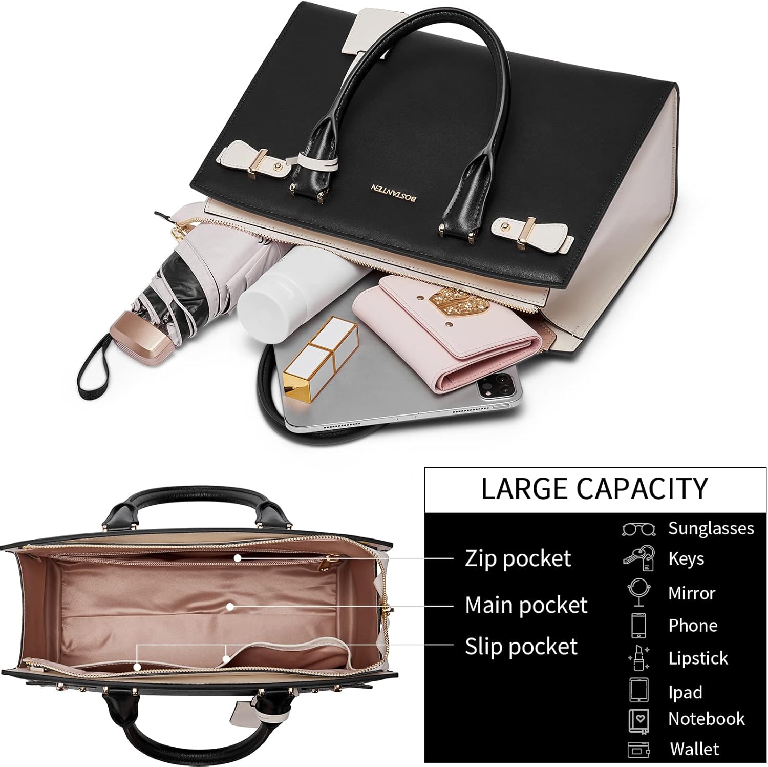 Miniatura 4 de BOSTANTEN Bolso de cuero para mujer, bolso de diseñador con asa superior, bolso cruzado, Bolsas colgantes de cuero para mujer