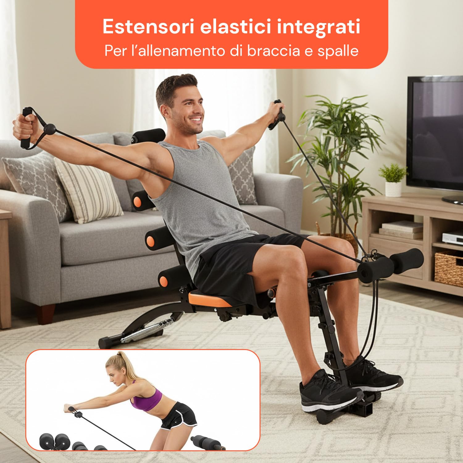 Wintem – Palestra in Casa Panca Multifunzionale 22 in 1 per Allenamento Completo a Casa con Schienale Inclinabile, Sedile Girevole, Estensori Elastici e Struttura Pieghevole Salvaspazio